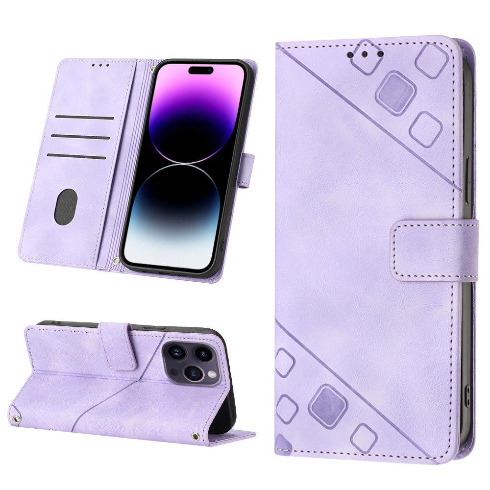 PT005 YB Imprinting Series-6 For iPhone 15 Pro Anti-Scratch Cell Phone Case Skin-Touch PU Leather Stand Wallet Cover - Light Purple