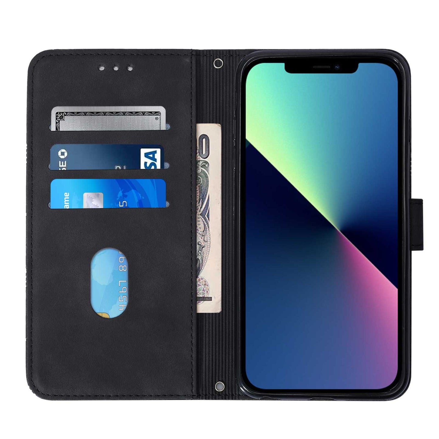 YB Imprinting Series-1 for iPhone 15 Pro Wallet Stand Leather Phone Cover Imprinted Phone Case with Hand Strap - Black