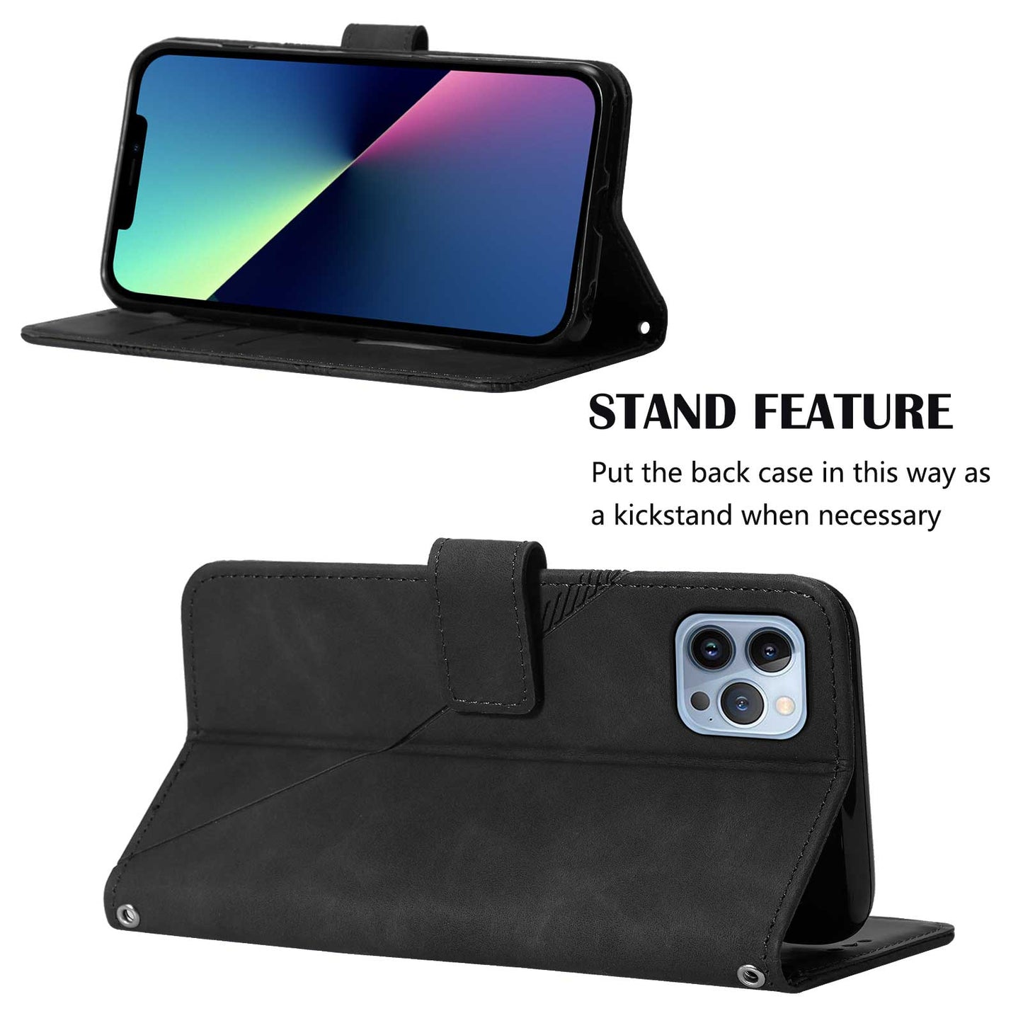 YB Imprinting Series-1 for iPhone 15 Pro Wallet Stand Leather Phone Cover Imprinted Phone Case with Hand Strap - Black