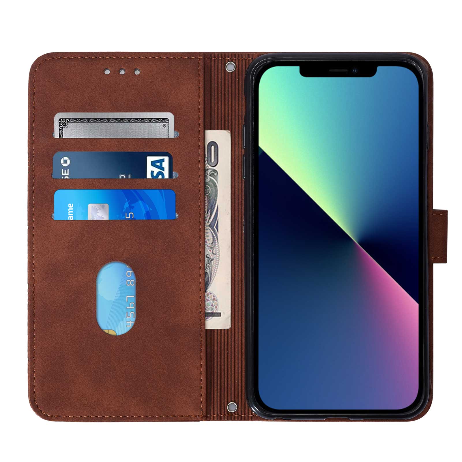 YB Imprinting Series-1 for iPhone 15 Pro Wallet Stand Leather Phone Cover Imprinted Phone Case with Hand Strap - Brown