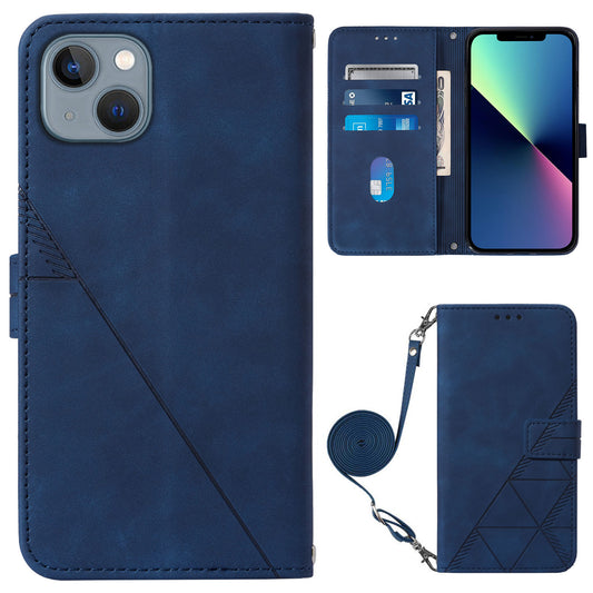YB Imprinting Series-2 for iPhone 15 Imprinted Stand Cover PU Leather Wallet Phone Case with Shoulder Strap - Sapphire