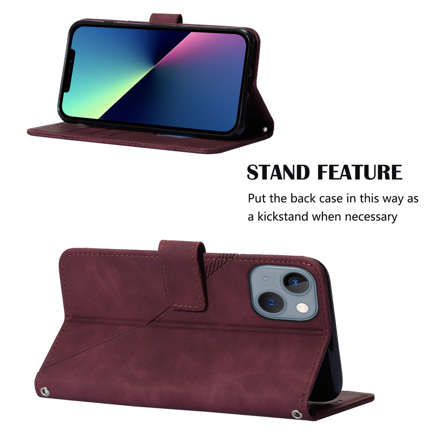 YB Imprinting Series-2 for iPhone 15 Imprinted Stand Cover PU Leather Wallet Phone Case with Shoulder Strap - Wine Red