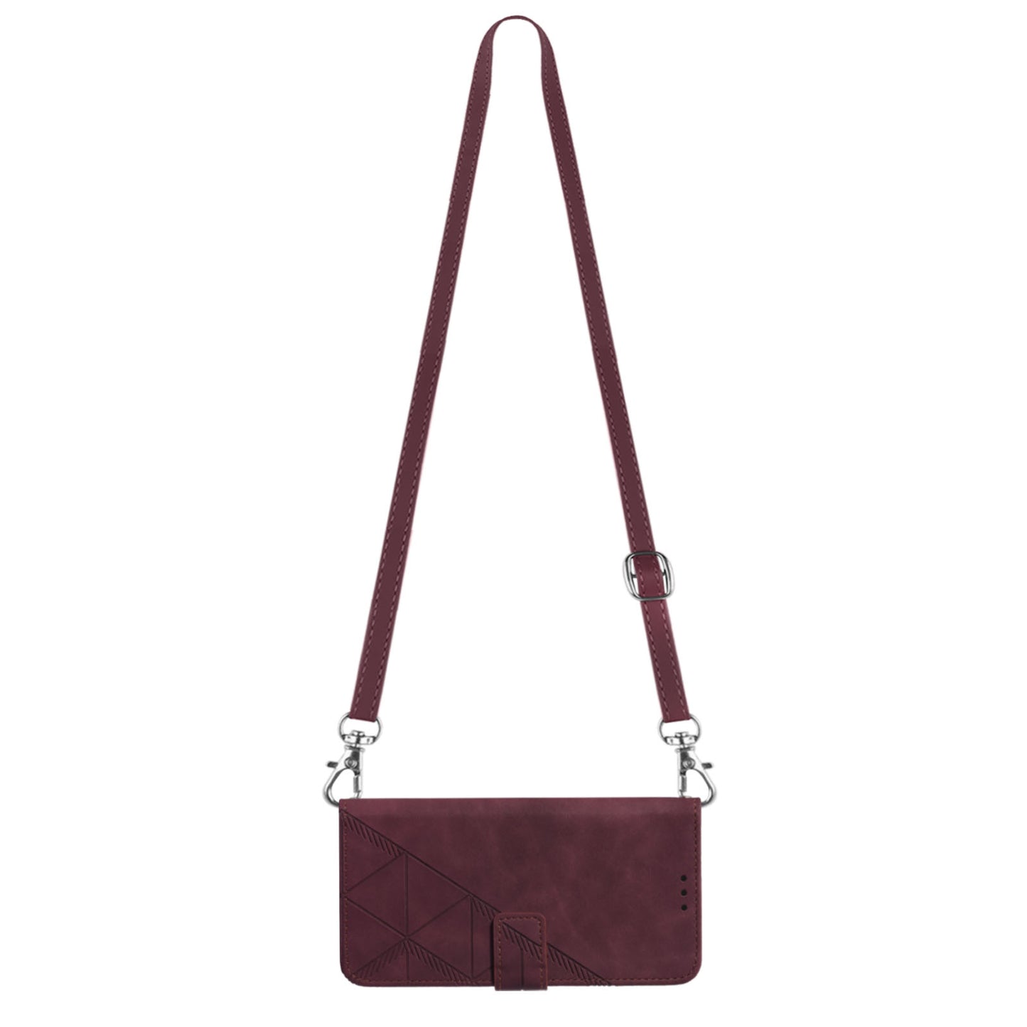 YB Imprinting Series-2 for iPhone 15 Imprinted Stand Cover PU Leather Wallet Phone Case with Shoulder Strap - Wine Red