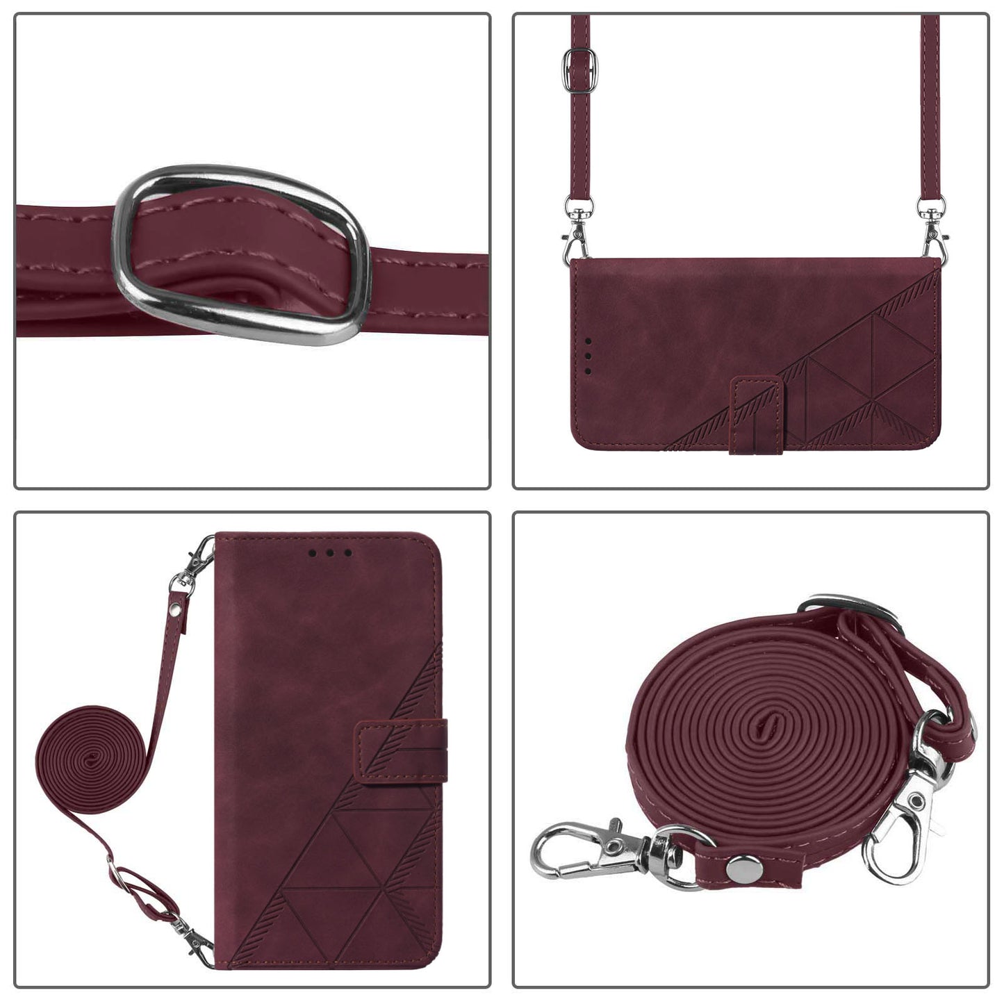 YB Imprinting Series-2 for iPhone 15 Imprinted Stand Cover PU Leather Wallet Phone Case with Shoulder Strap - Wine Red