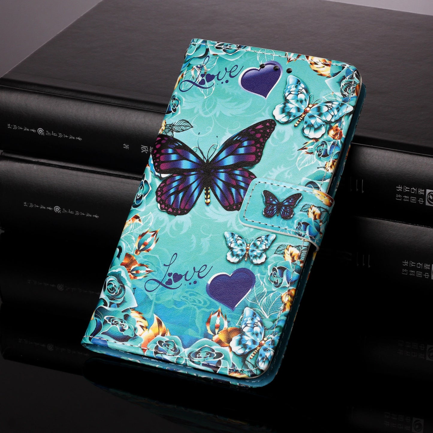 YB Pattern Printing Leather Series-4 for iPhone 15 Wallet Phone Case PU Leather Stand Cover - Butterfly and Heart