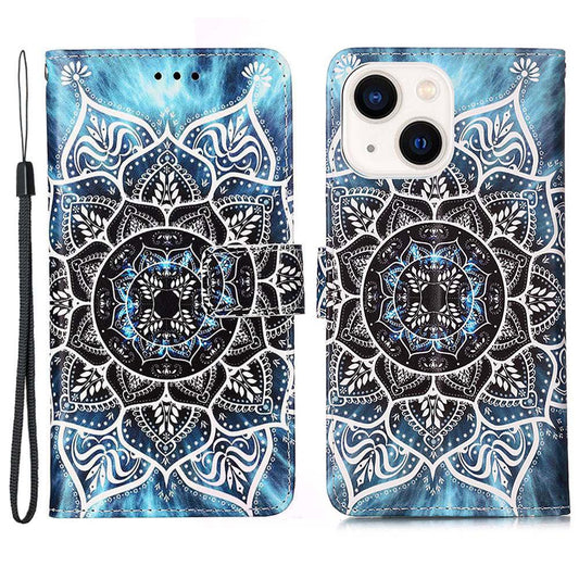 YB Pattern Printing Leather Series-4 for iPhone 15 Wallet Phone Case PU Leather Stand Cover - Mandala Flower