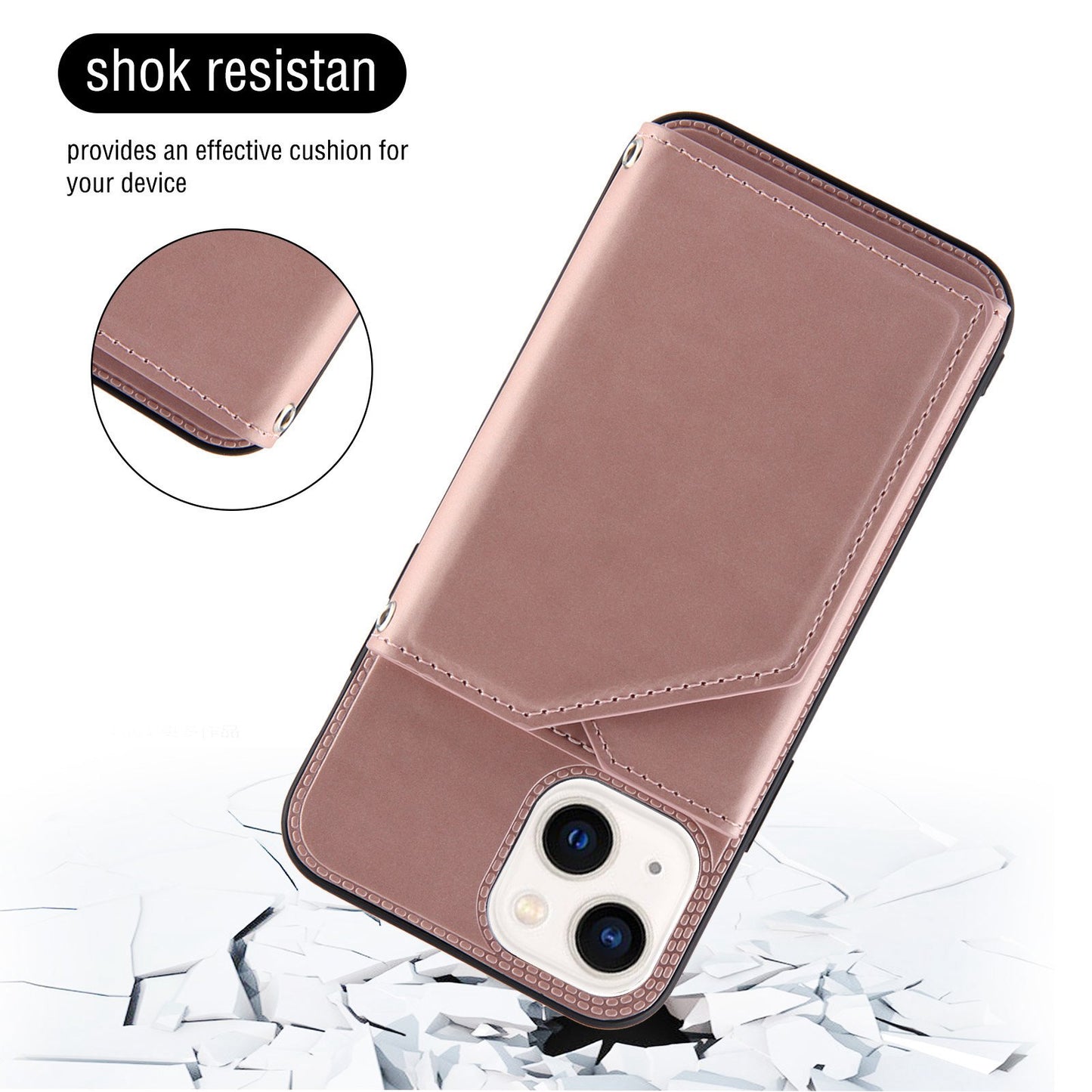 YB Leather Coating Series-2 for iPhone 15 Leather+TPU Cover Kickstand Card Holder Phone Case with Strap - Rose Gold
