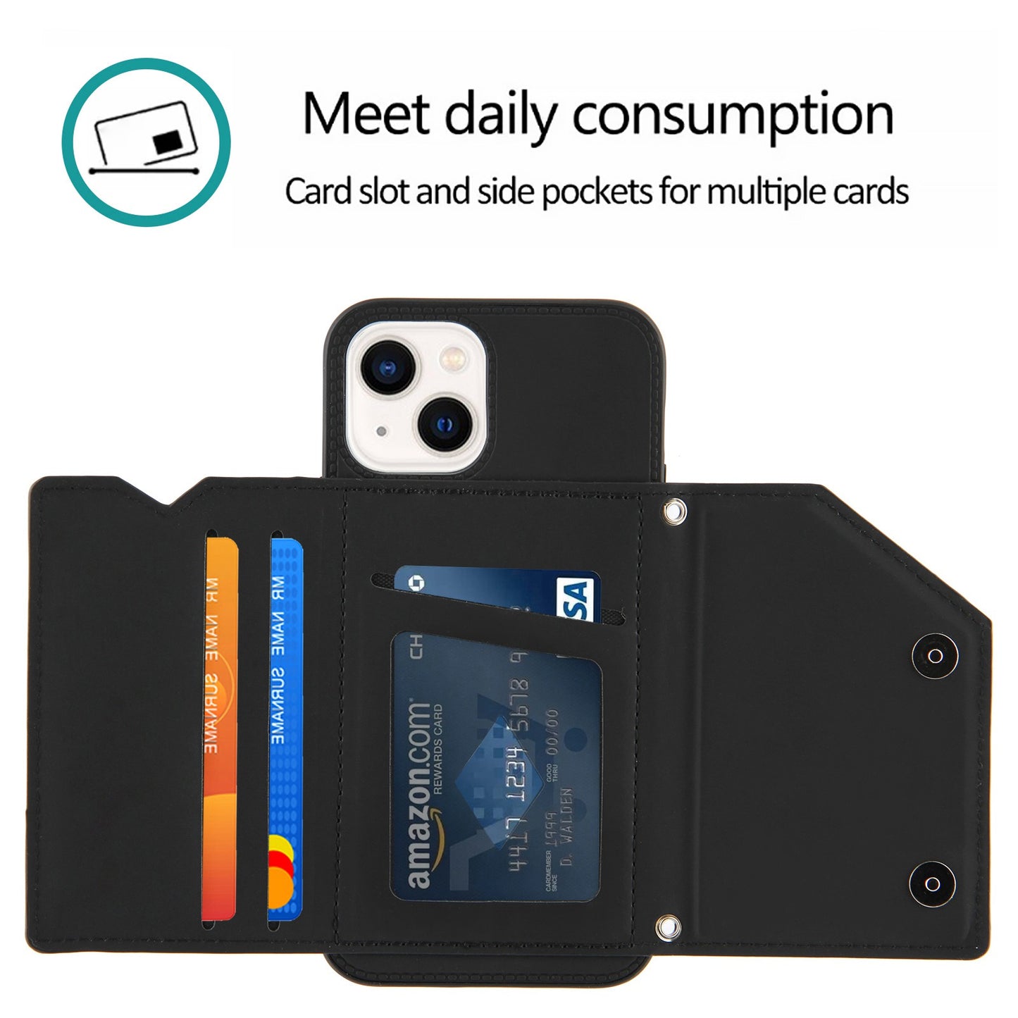 YB Leather Coating Series-2 for iPhone 15 Leather+TPU Cover Kickstand Card Holder Phone Case with Strap - Black