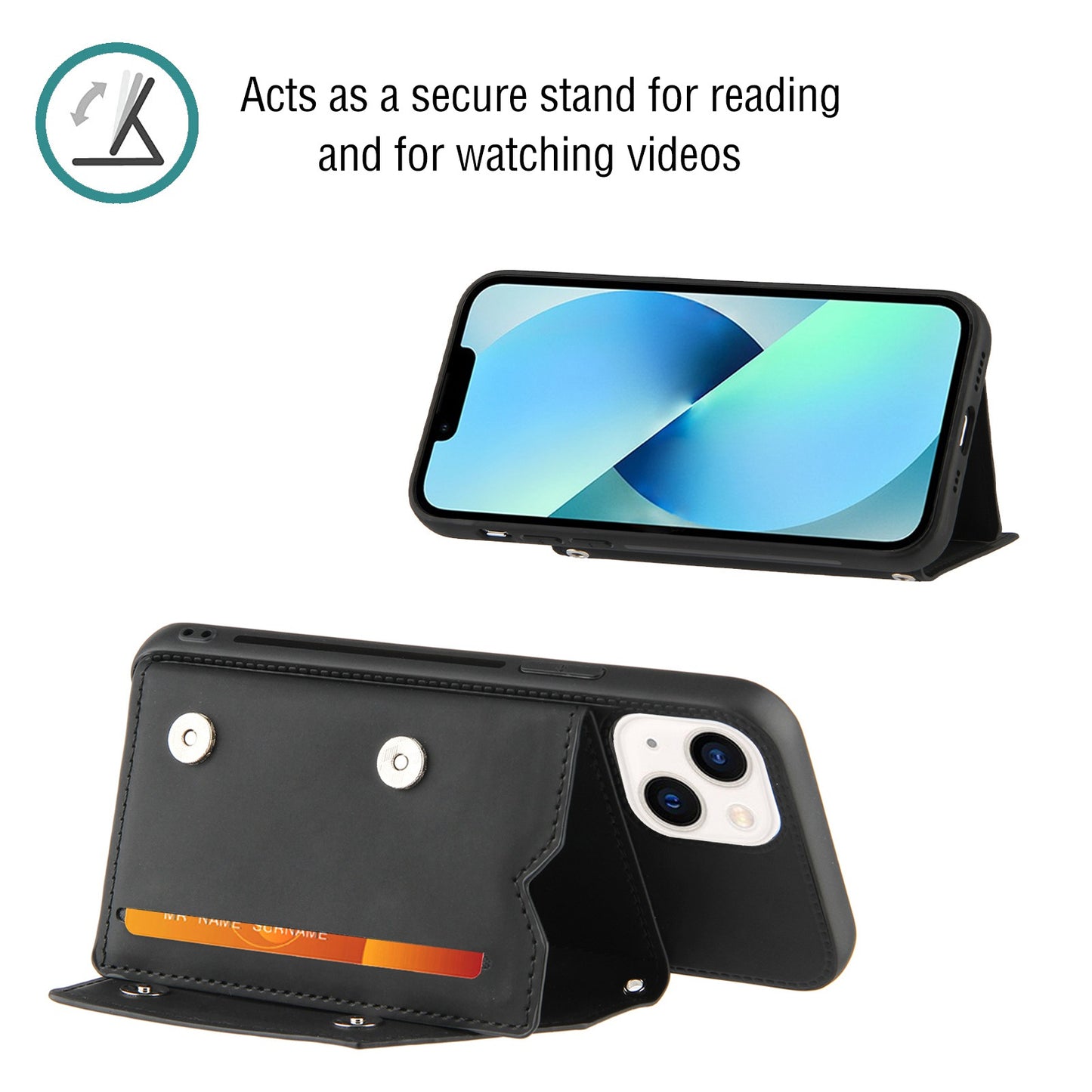 YB Leather Coating Series-2 for iPhone 15 Leather+TPU Cover Kickstand Card Holder Phone Case with Strap - Black