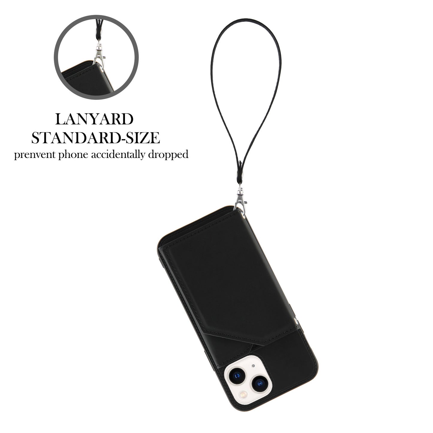 YB Leather Coating Series-2 for iPhone 15 Leather+TPU Cover Kickstand Card Holder Phone Case with Strap - Black