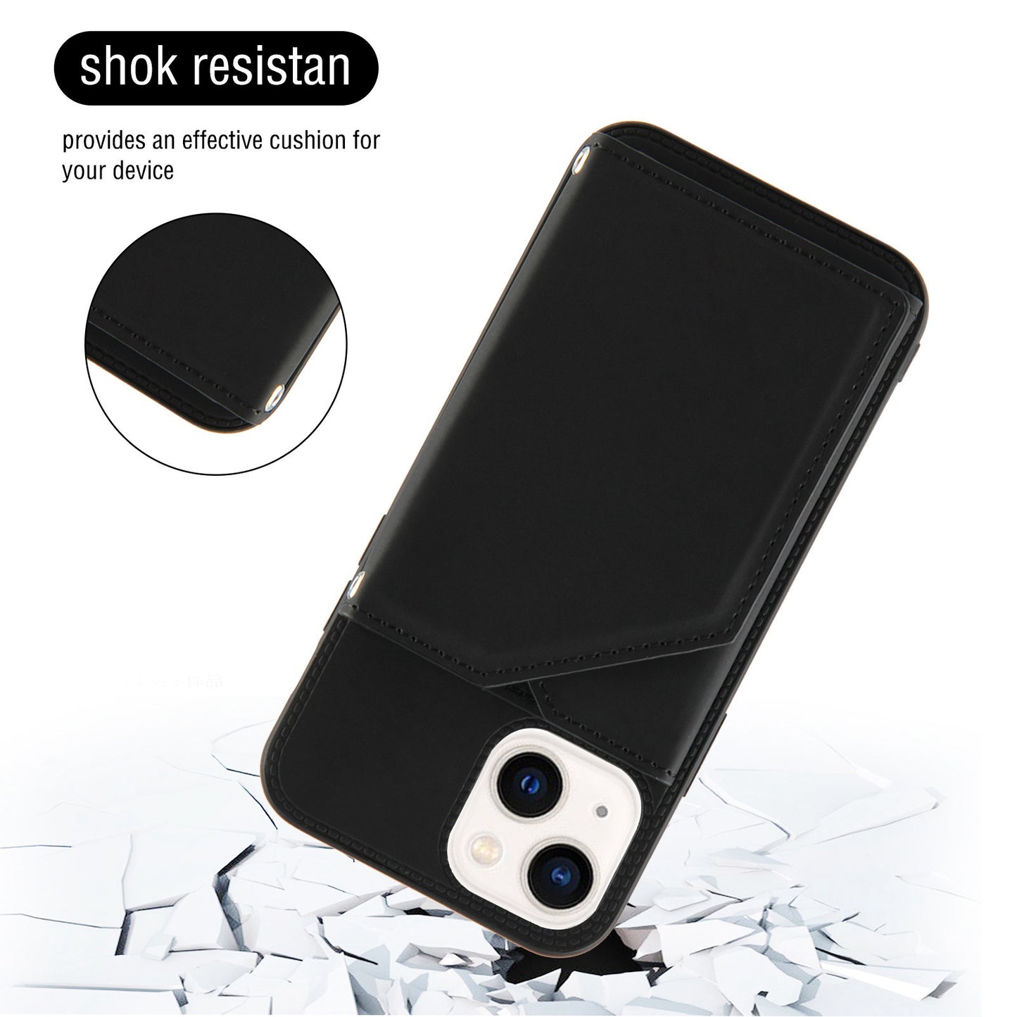 YB Leather Coating Series-2 for iPhone 15 Leather+TPU Cover Kickstand Card Holder Phone Case with Strap - Black