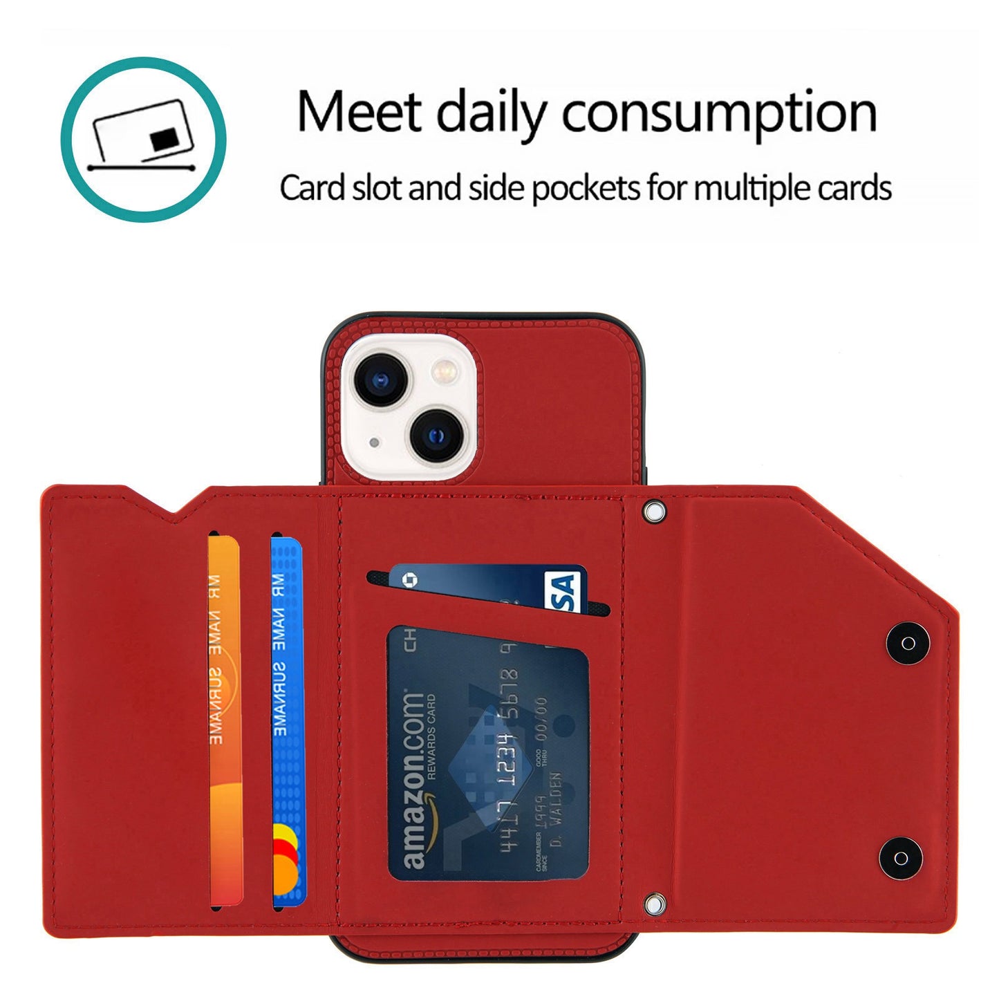 YB Leather Coating Series-2 for iPhone 15 Leather+TPU Cover Kickstand Card Holder Phone Case with Strap - Red