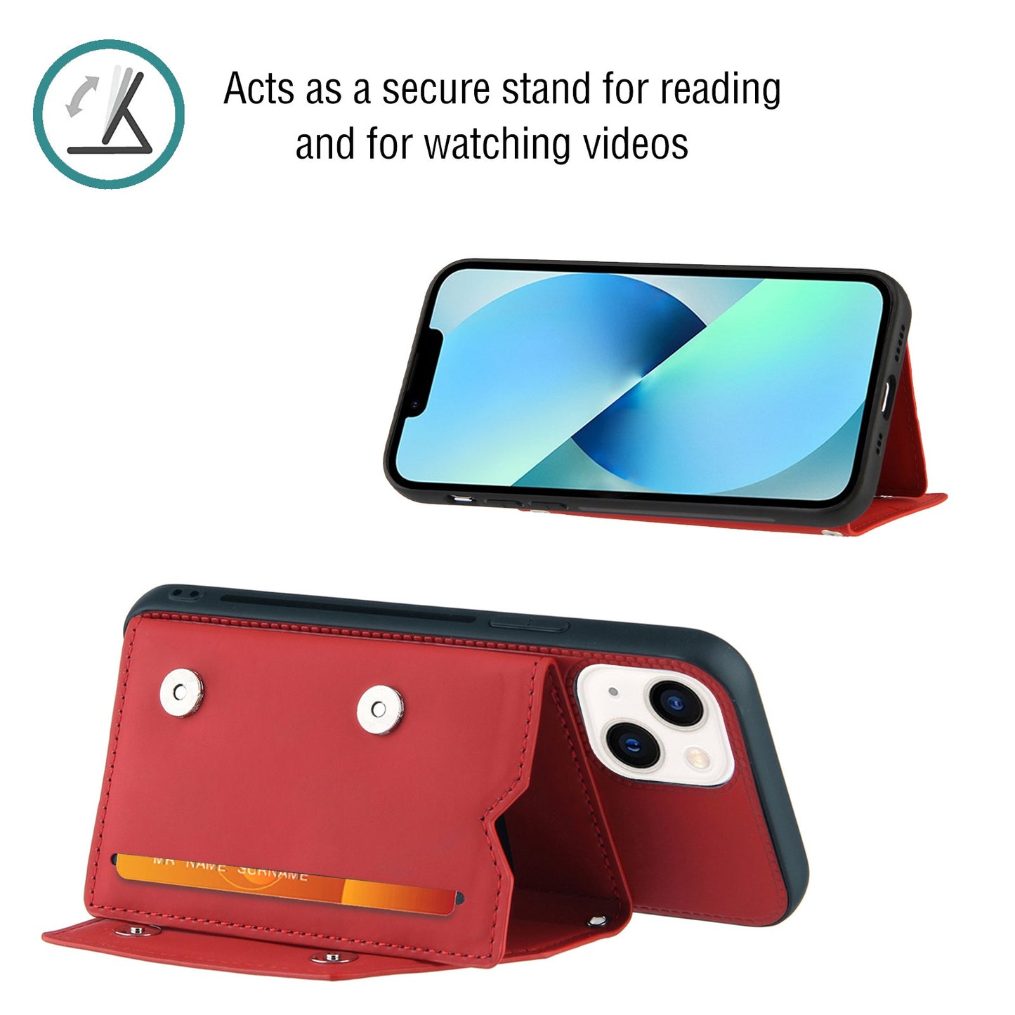 YB Leather Coating Series-2 for iPhone 15 Leather+TPU Cover Kickstand Card Holder Phone Case with Strap - Red