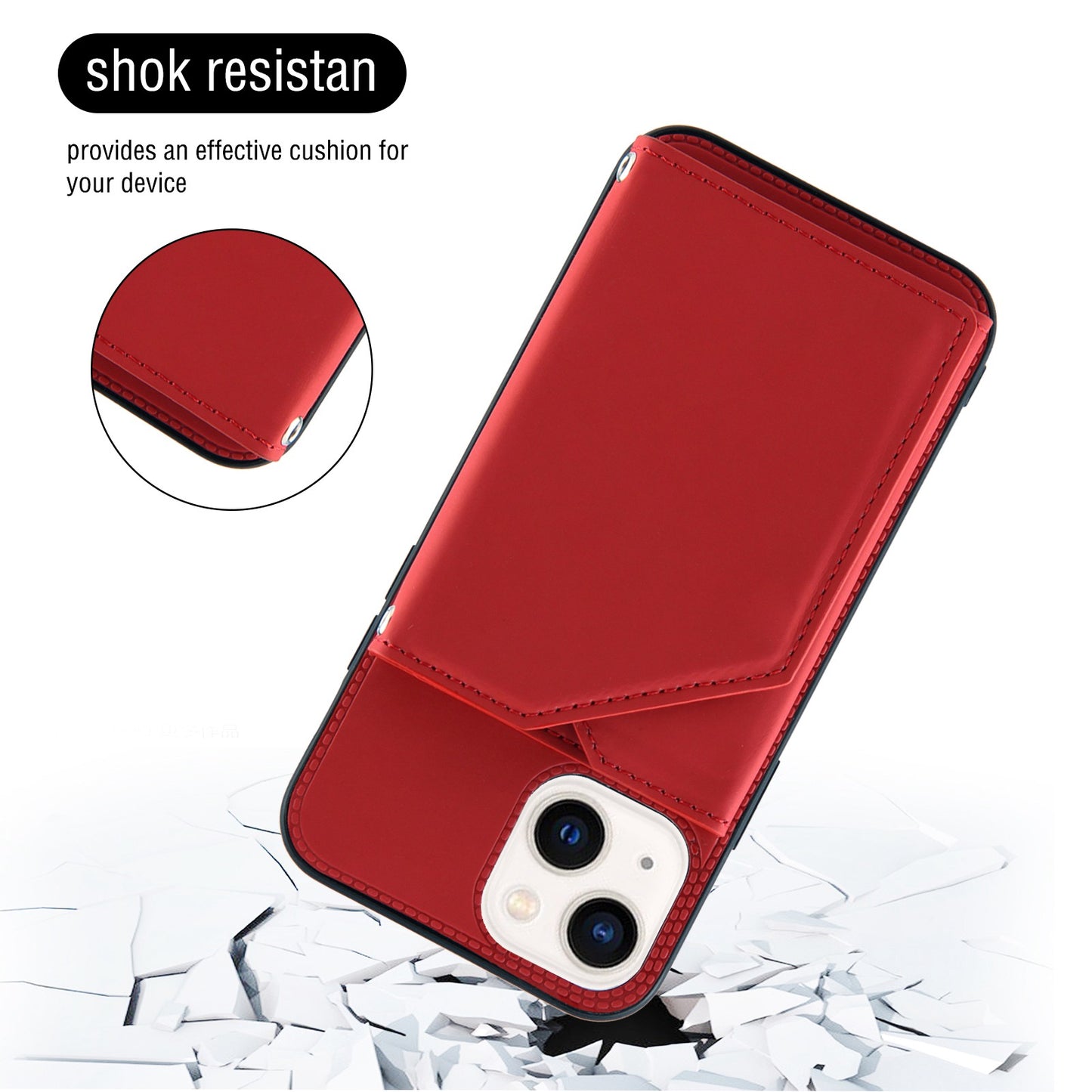YB Leather Coating Series-2 for iPhone 15 Leather+TPU Cover Kickstand Card Holder Phone Case with Strap - Red