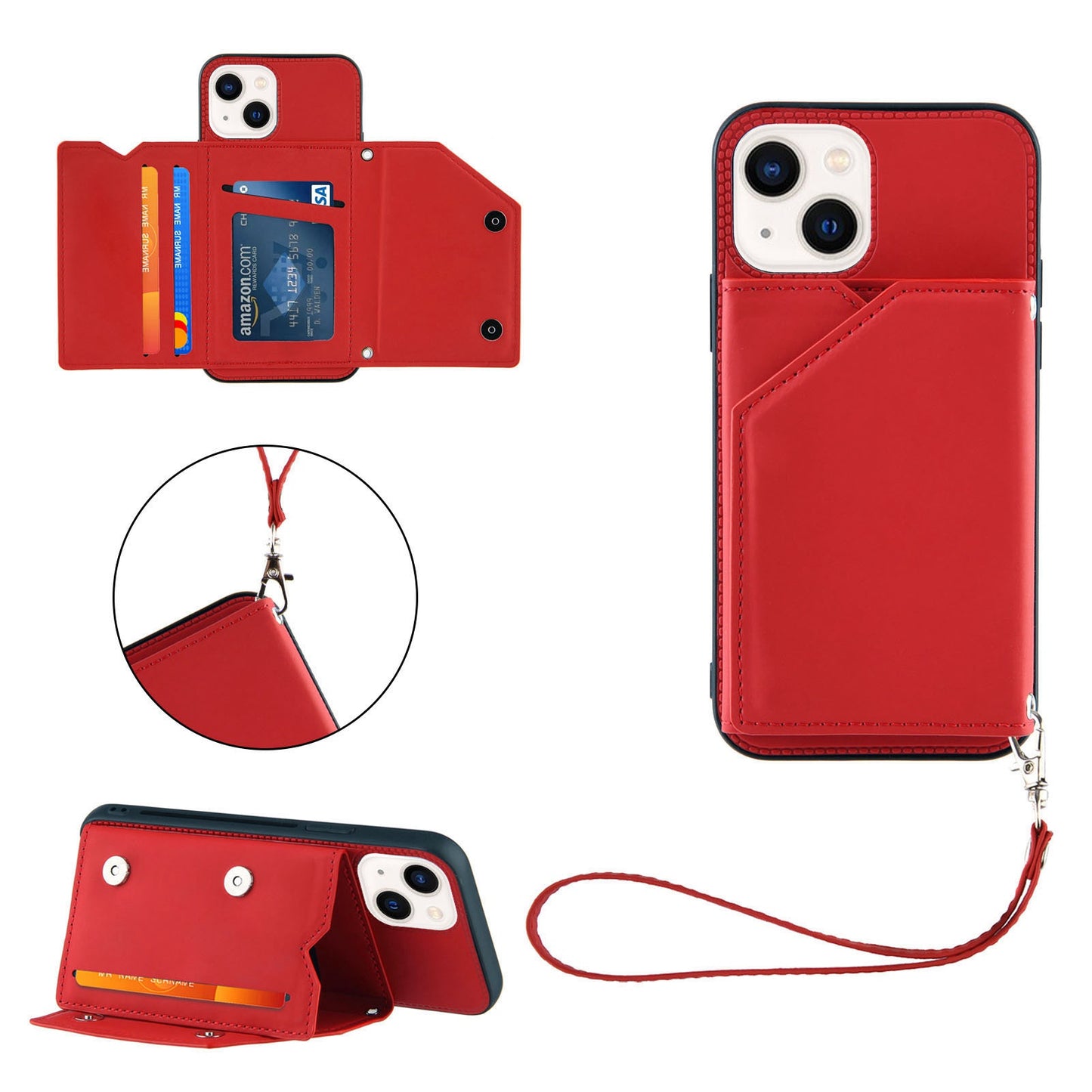 YB Leather Coating Series-2 for iPhone 15 Leather+TPU Cover Kickstand Card Holder Phone Case with Strap - Red