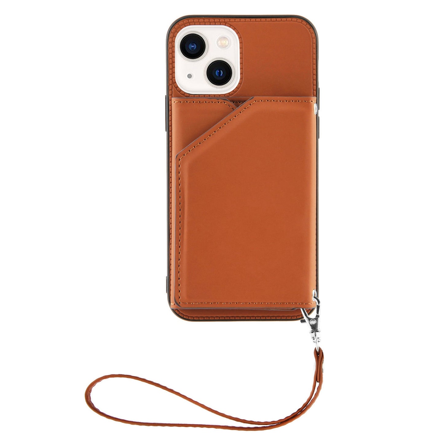 YB Leather Coating Series-2 for iPhone 15 Leather+TPU Cover Kickstand Card Holder Phone Case with Strap - Brown