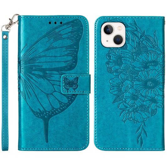 YB Imprinting Series-4 For iPhone 15 PU Leather Stand Phone Case Wallet Butterfly Flower Imprinted Cover with Hand Strap - Blue
