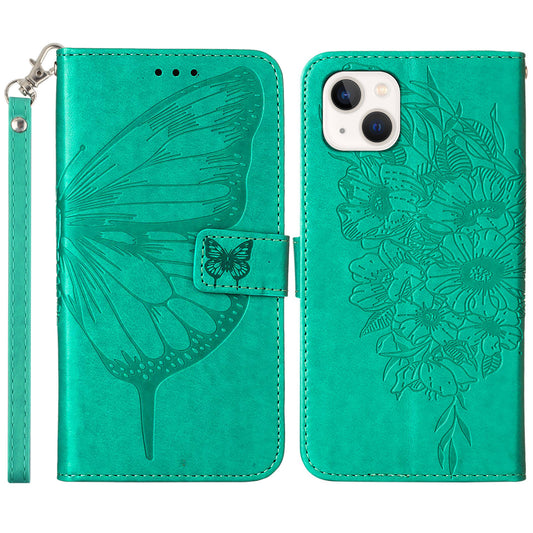 YB Imprinting Series-4 For iPhone 15 PU Leather Stand Phone Case Wallet Butterfly Flower Imprinted Cover with Hand Strap - Green