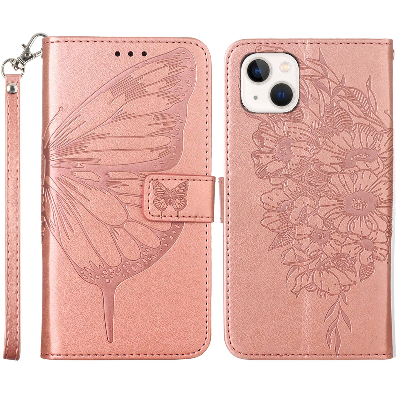 YB Imprinting Series-4 For iPhone 15 PU Leather Stand Phone Case Wallet Butterfly Flower Imprinted Cover with Hand Strap - Rose Gold