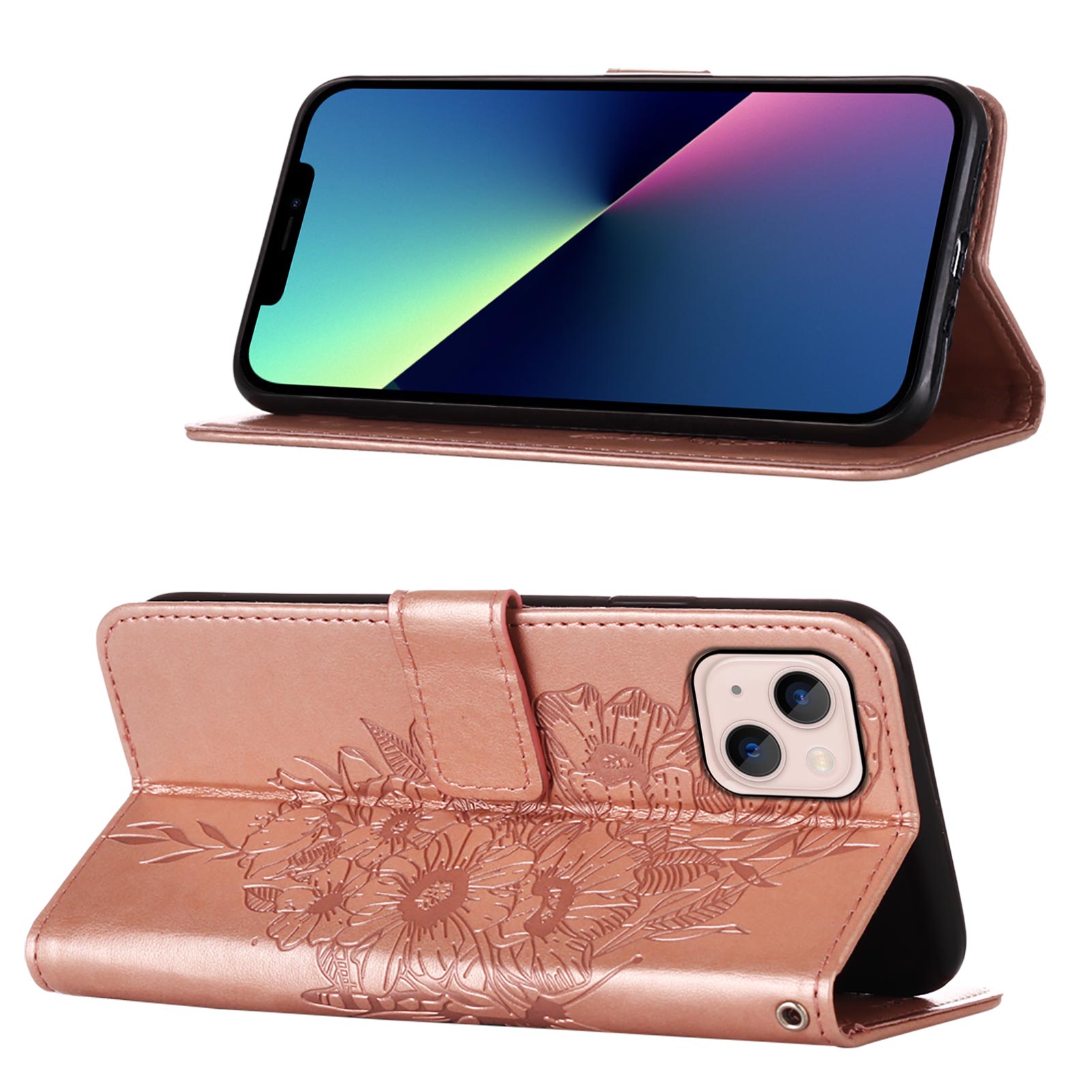 YB Imprinting Series-4 For iPhone 15 PU Leather Stand Phone Case Wallet Butterfly Flower Imprinted Cover with Hand Strap - Rose Gold