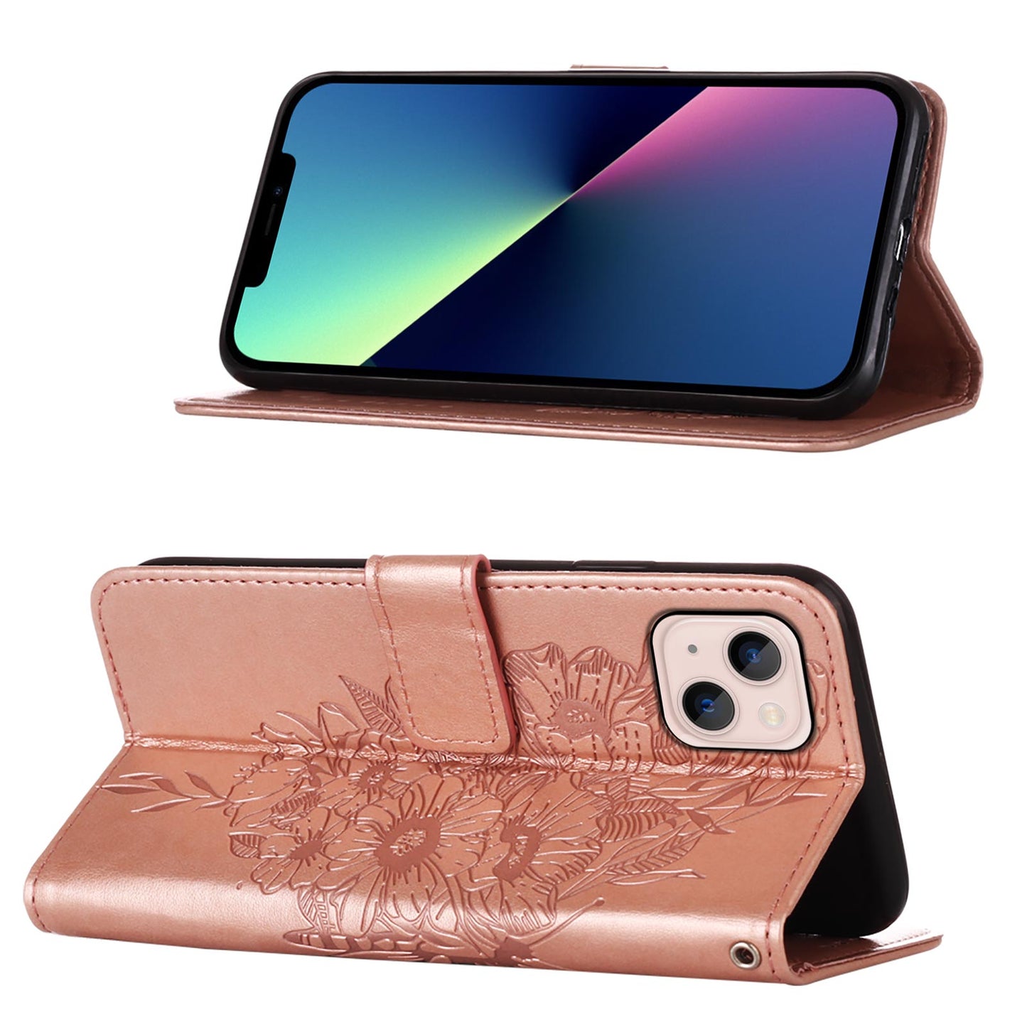 YB Imprinting Series-4 For iPhone 15 PU Leather Stand Phone Case Wallet Butterfly Flower Imprinted Cover with Hand Strap - Rose Gold