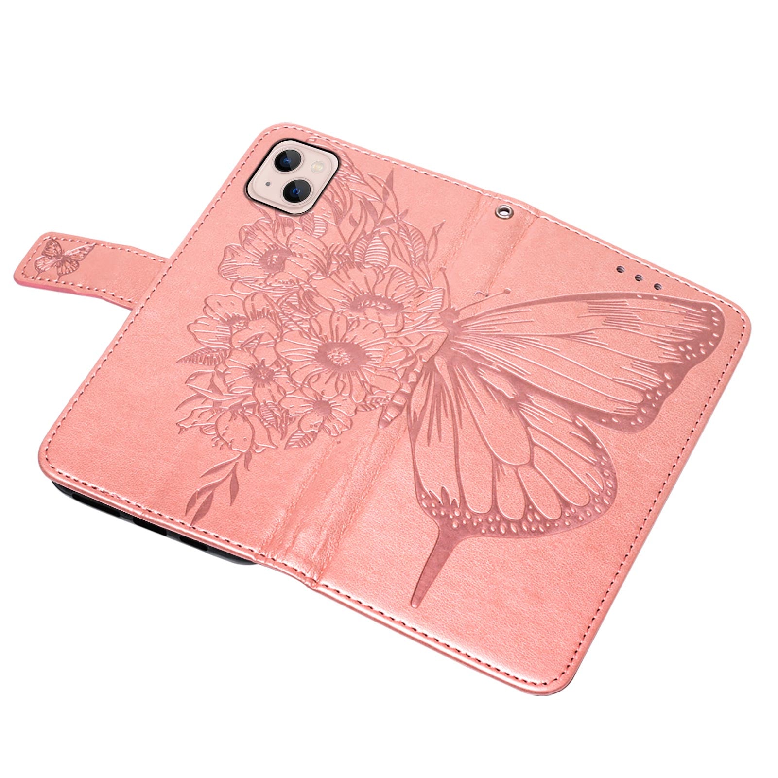 YB Imprinting Series-4 For iPhone 15 PU Leather Stand Phone Case Wallet Butterfly Flower Imprinted Cover with Hand Strap - Rose Gold