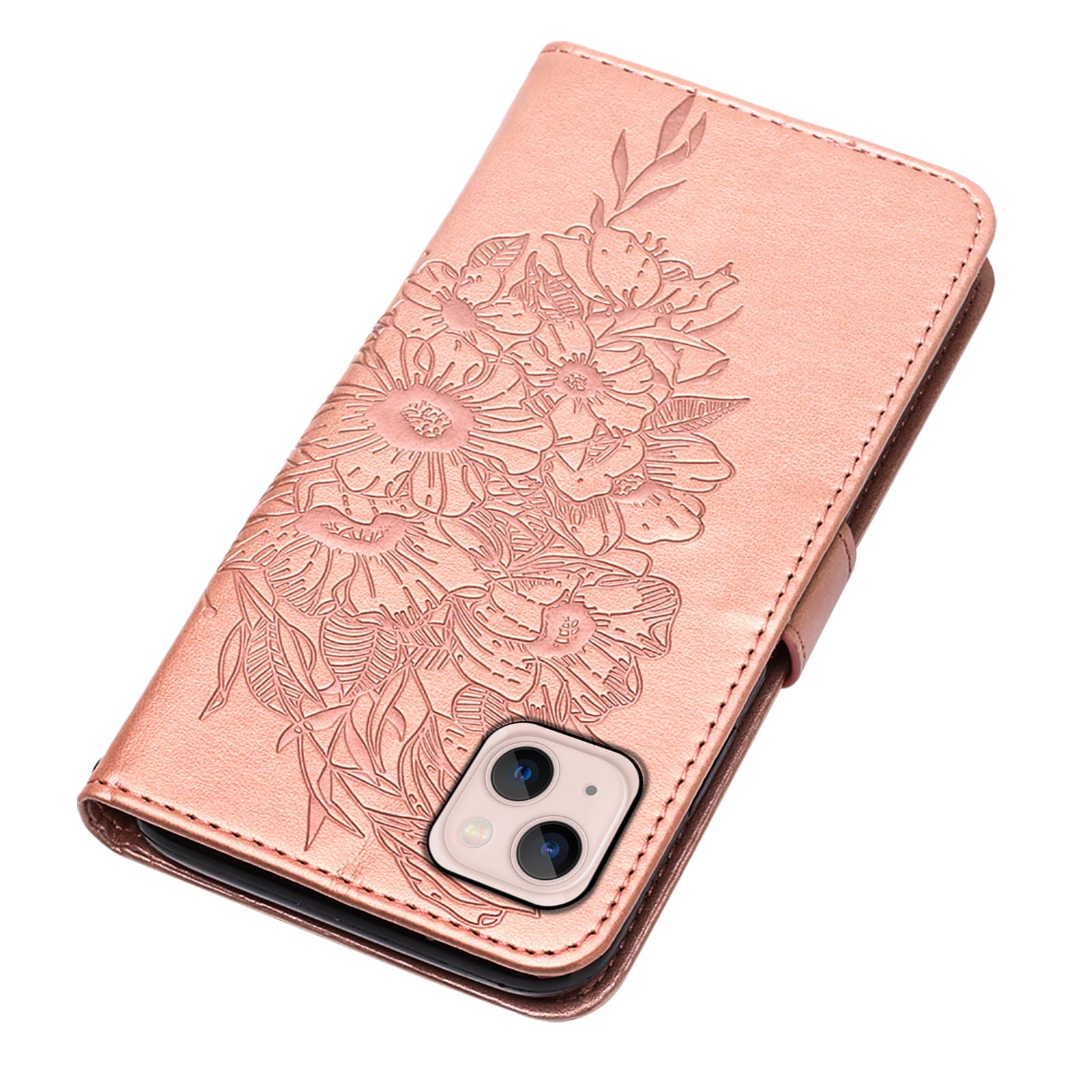 YB Imprinting Series-4 For iPhone 15 PU Leather Stand Phone Case Wallet Butterfly Flower Imprinted Cover with Hand Strap - Rose Gold