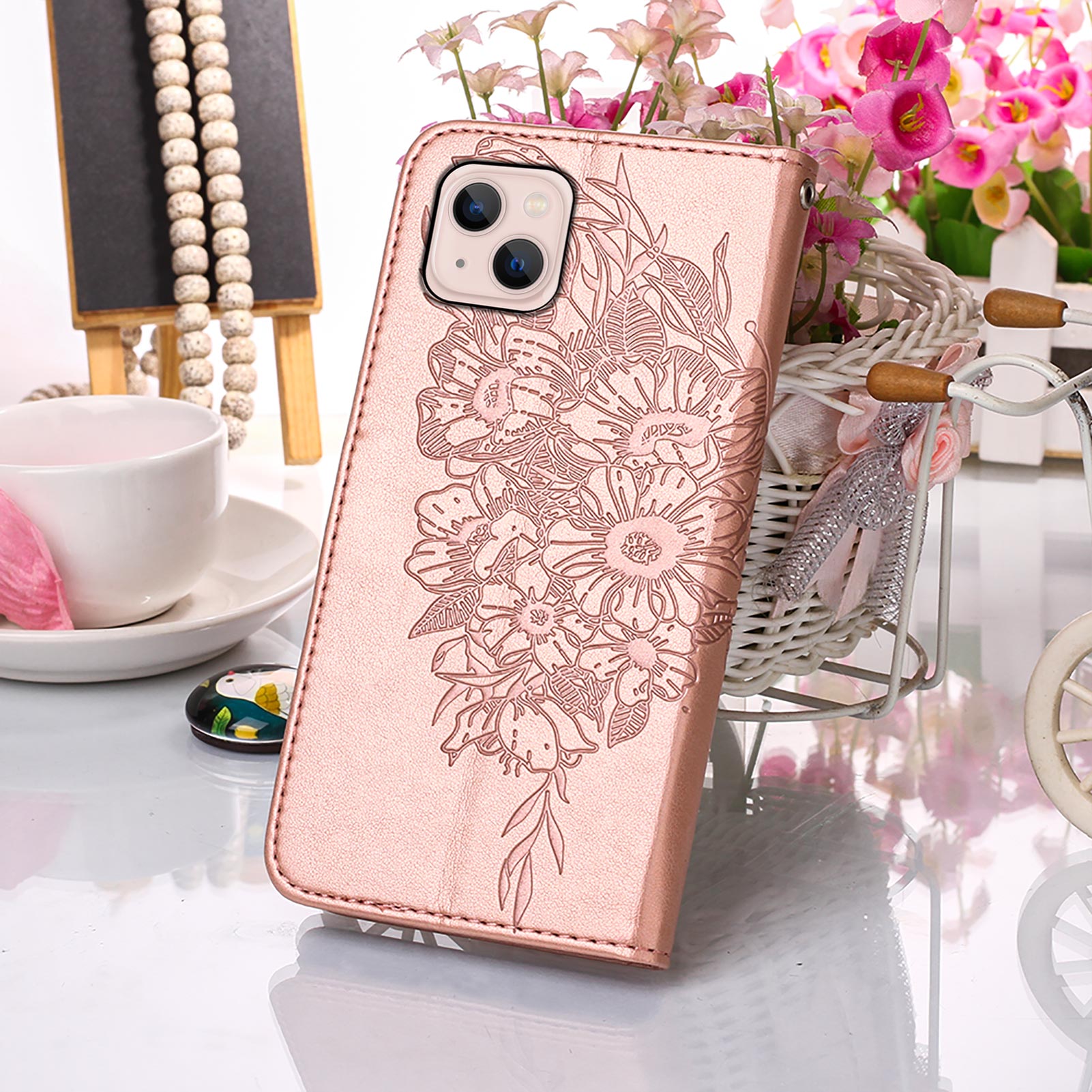 YB Imprinting Series-4 For iPhone 15 PU Leather Stand Phone Case Wallet Butterfly Flower Imprinted Cover with Hand Strap - Rose Gold