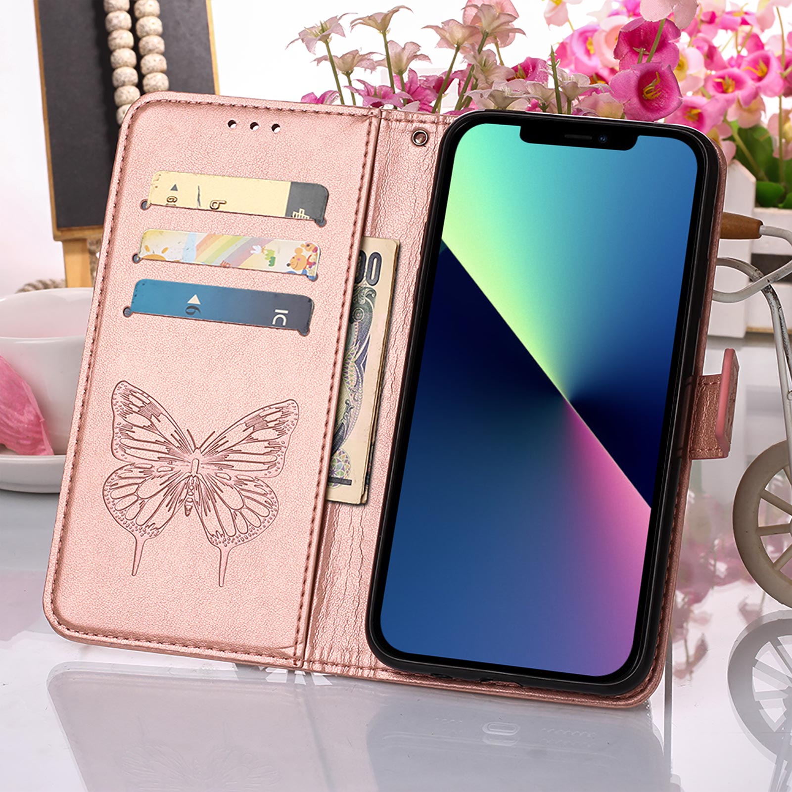 YB Imprinting Series-4 For iPhone 15 PU Leather Stand Phone Case Wallet Butterfly Flower Imprinted Cover with Hand Strap - Rose Gold