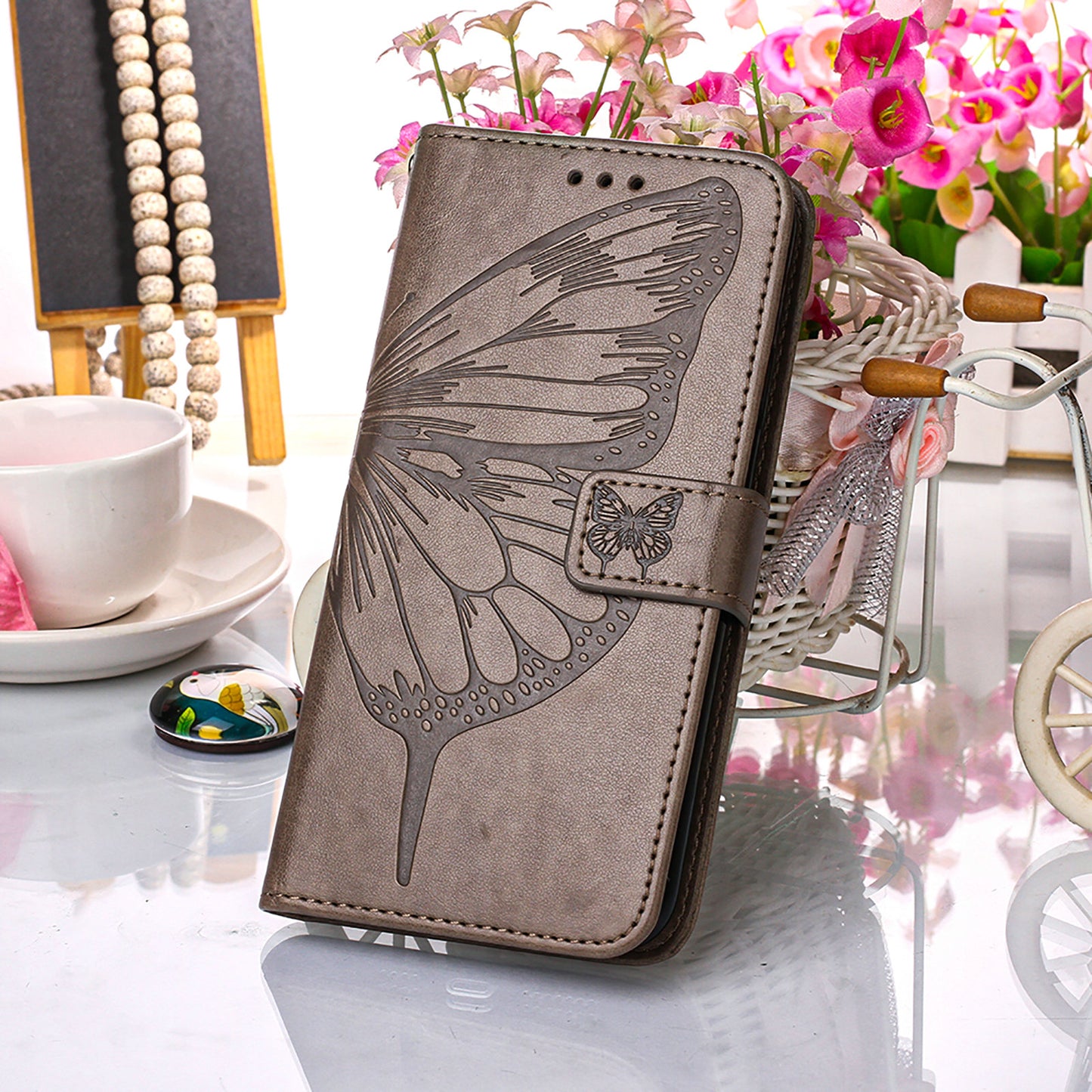 YB Imprinting Series-4 For iPhone 15 PU Leather Stand Phone Case Wallet Butterfly Flower Imprinted Cover with Hand Strap - Grey