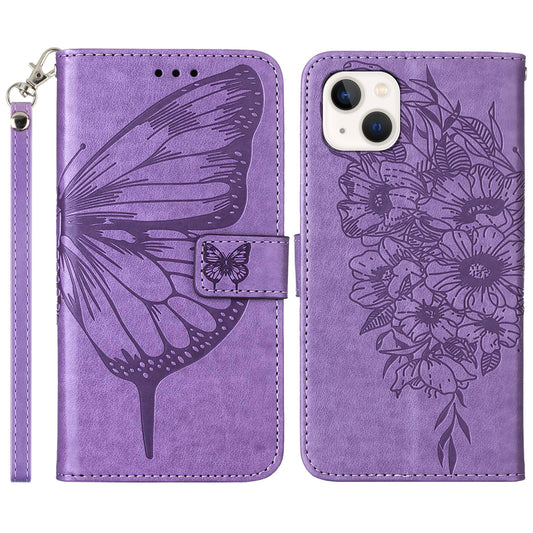 YB Imprinting Series-4 For iPhone 15 PU Leather Stand Phone Case Wallet Butterfly Flower Imprinted Cover with Hand Strap - Light Purple