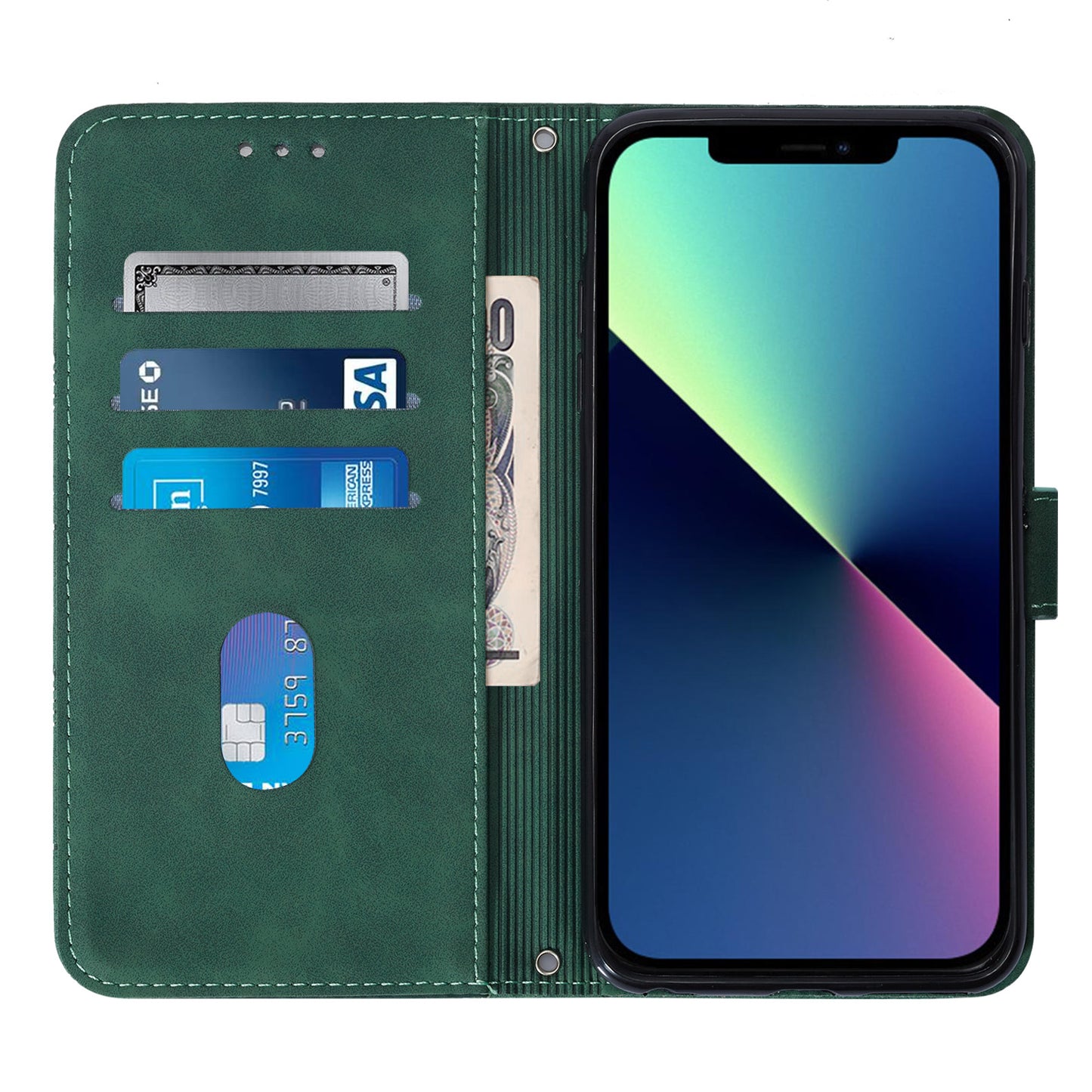 YB Imprinting Series-1 for iPhone 15 PU Leather Phone Case Imprinted Wallet Stand Cover with Hand Strap - Blackish Green