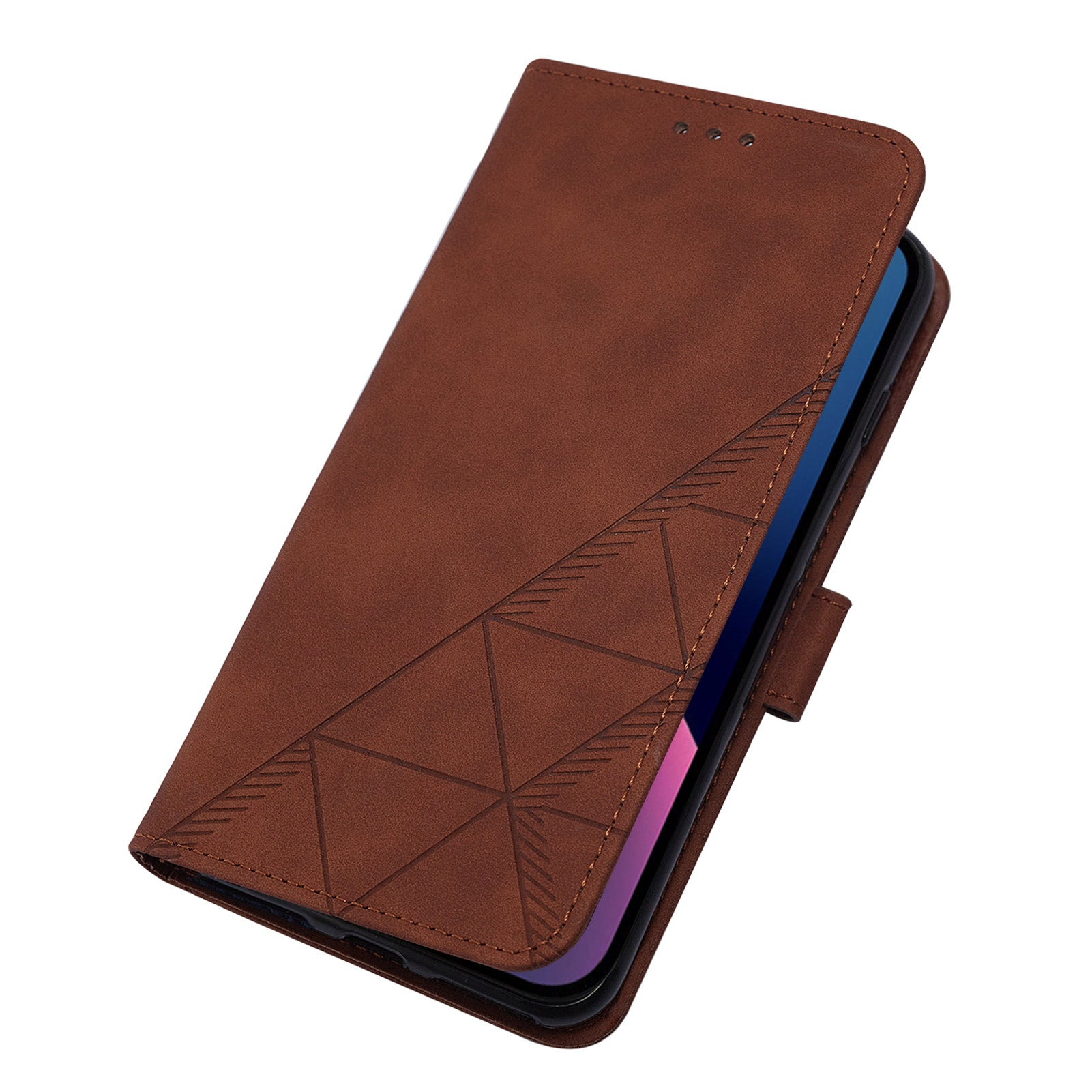 YB Imprinting Series-1 for iPhone 15 PU Leather Phone Case Imprinted Wallet Stand Cover with Hand Strap - Brown