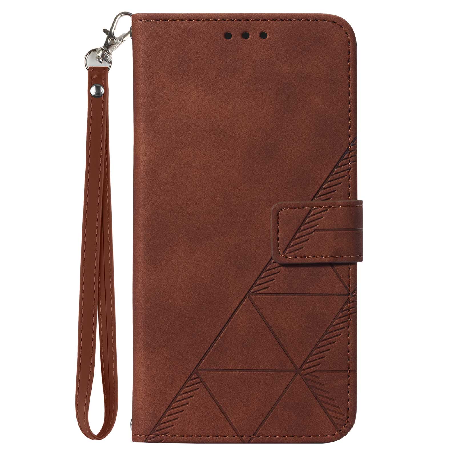 YB Imprinting Series-1 for iPhone 15 PU Leather Phone Case Imprinted Wallet Stand Cover with Hand Strap - Brown