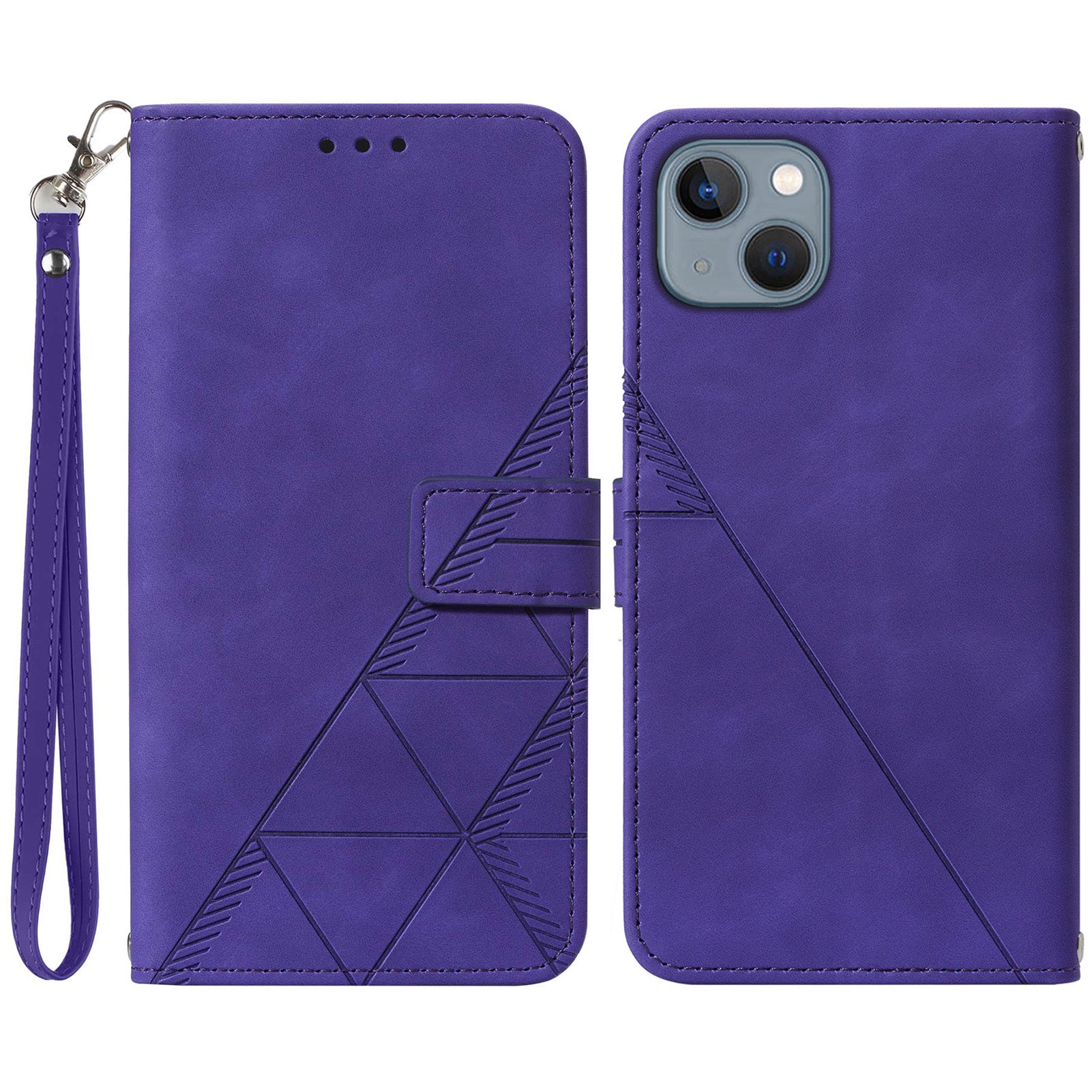 YB Imprinting Series-1 for iPhone 15 PU Leather Phone Case Imprinted Wallet Stand Cover with Hand Strap - Purple
