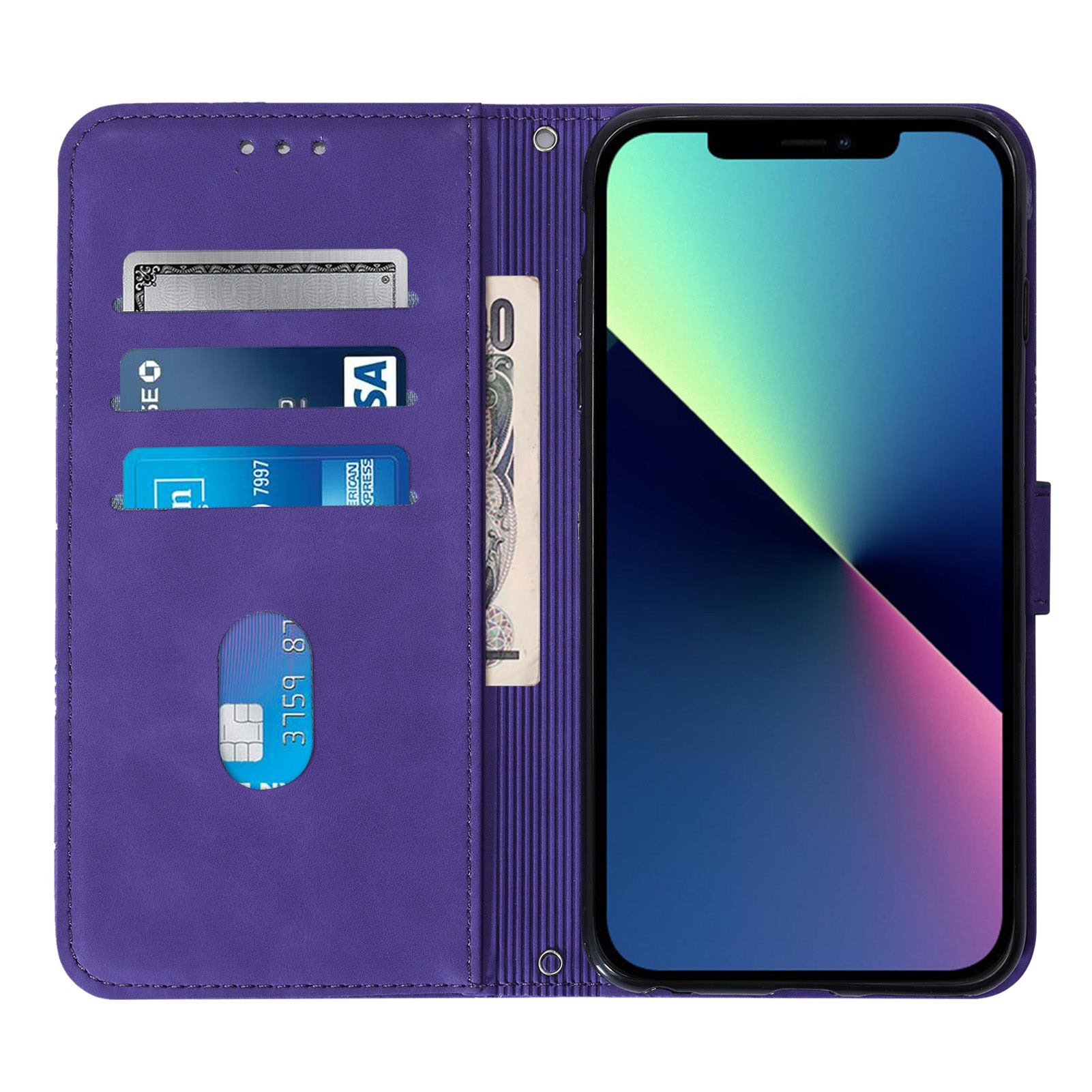 YB Imprinting Series-1 for iPhone 15 PU Leather Phone Case Imprinted Wallet Stand Cover with Hand Strap - Purple