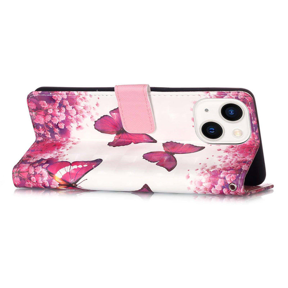 YB Pattern Printing Leather Series-2 for iPhone 15 Stand Phone Cover 3D Pattern Printed Flip Wallet Case - Rose Butterflies