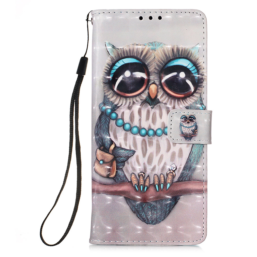 YB Pattern Printing Leather Series-2 for iPhone 15 Stand Phone Cover 3D Pattern Printed Flip Wallet Case - Grey Owl