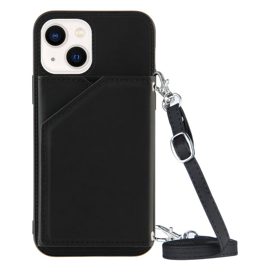 YB-1 Series for iPhone 15 Card Holder Back Case Leather+TPU Kickstand Cover with Shoulder Strap - Black