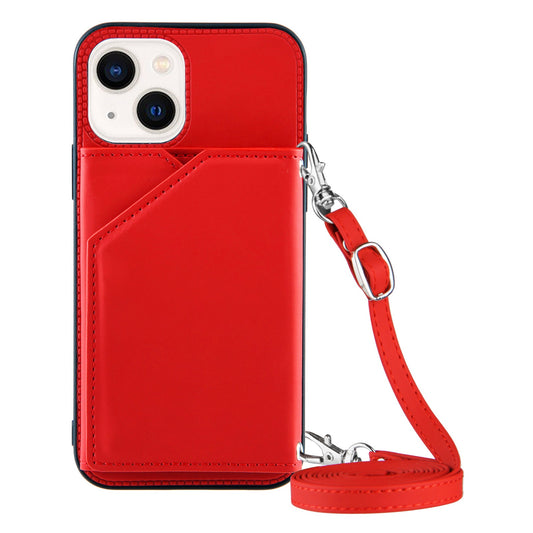 YB-1 Series for iPhone 15 Card Holder Back Case Leather+TPU Kickstand Cover with Shoulder Strap - Red