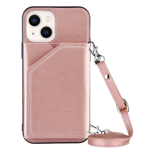 YB-1 Series for iPhone 15 Card Holder Back Case Leather+TPU Kickstand Cover with Shoulder Strap - Rose Gold