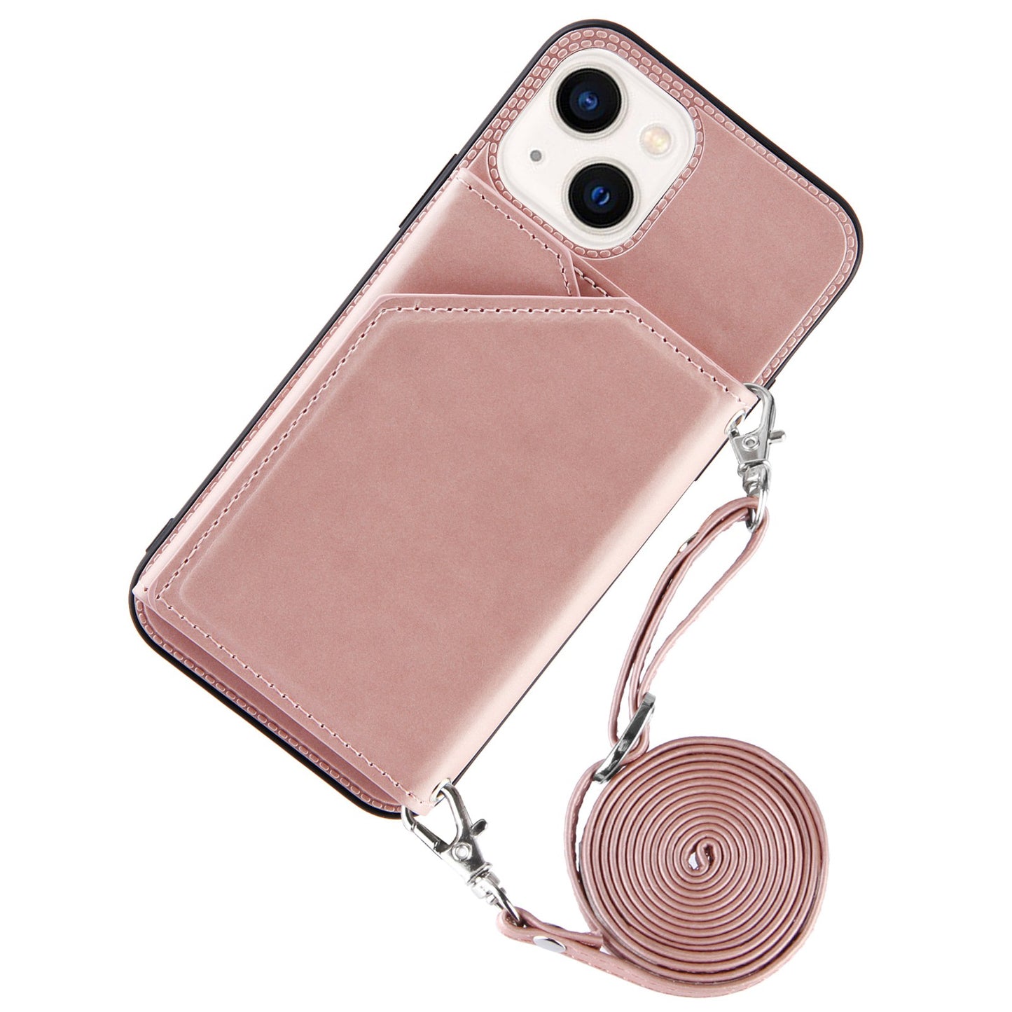 YB-1 Series for iPhone 15 Card Holder Back Case Leather+TPU Kickstand Cover with Shoulder Strap - Rose Gold
