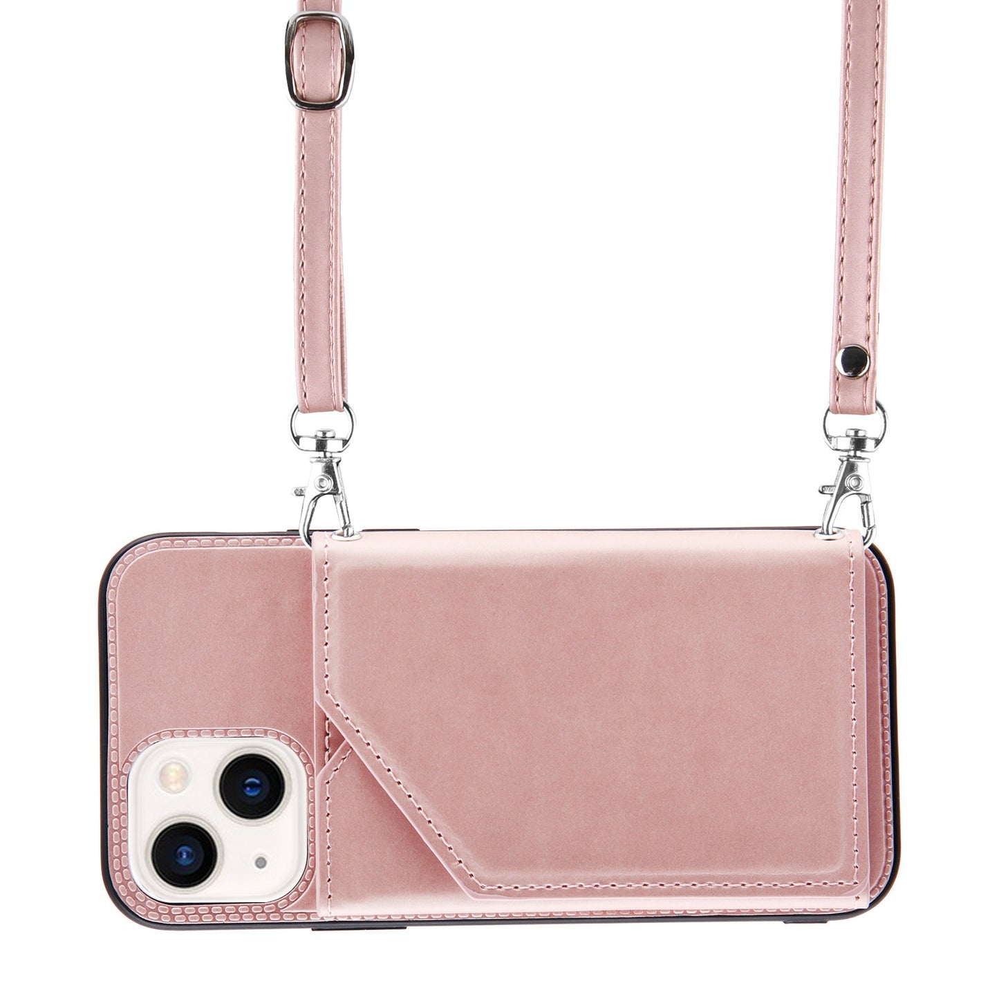 YB-1 Series for iPhone 15 Card Holder Back Case Leather+TPU Kickstand Cover with Shoulder Strap - Rose Gold