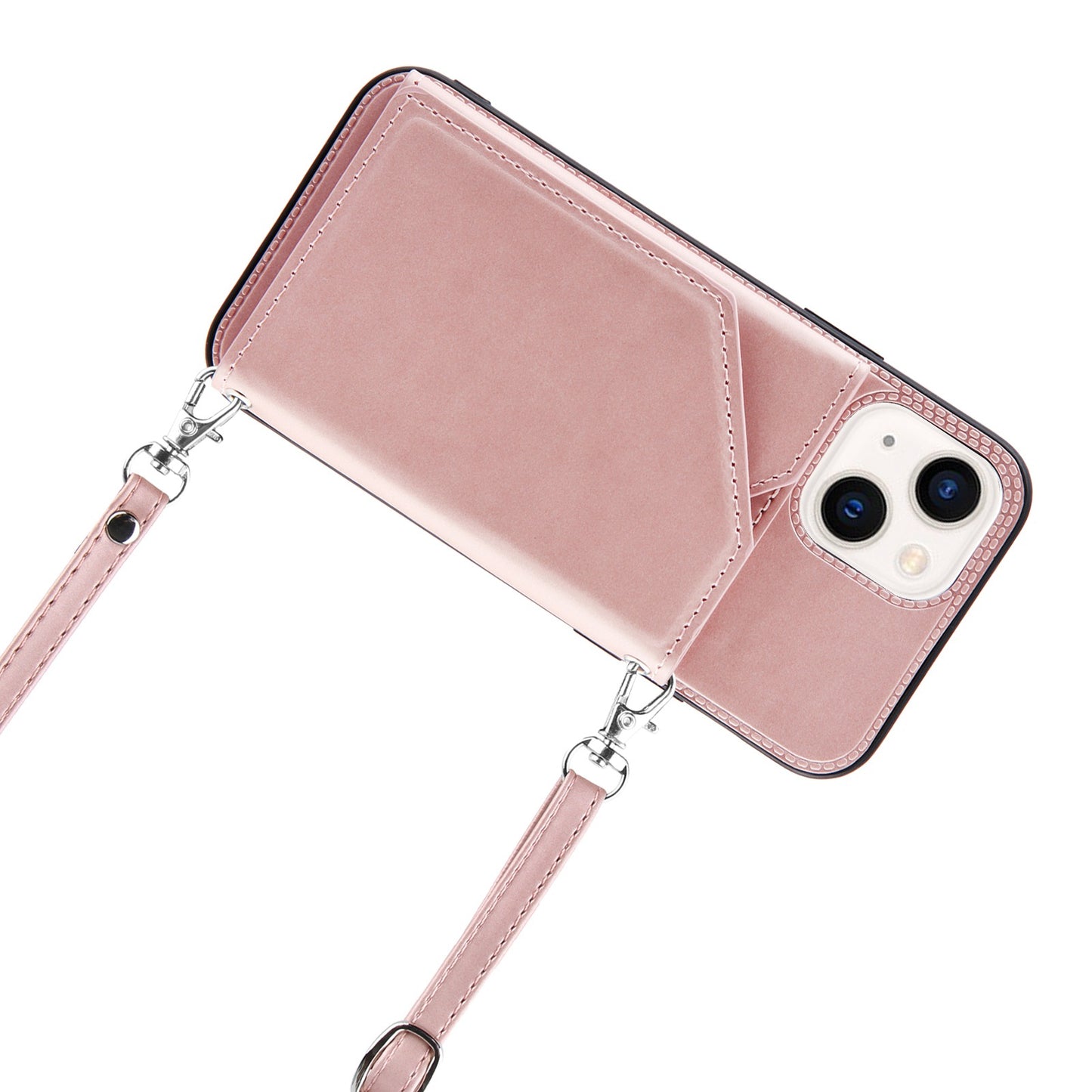 YB-1 Series for iPhone 15 Card Holder Back Case Leather+TPU Kickstand Cover with Shoulder Strap - Rose Gold