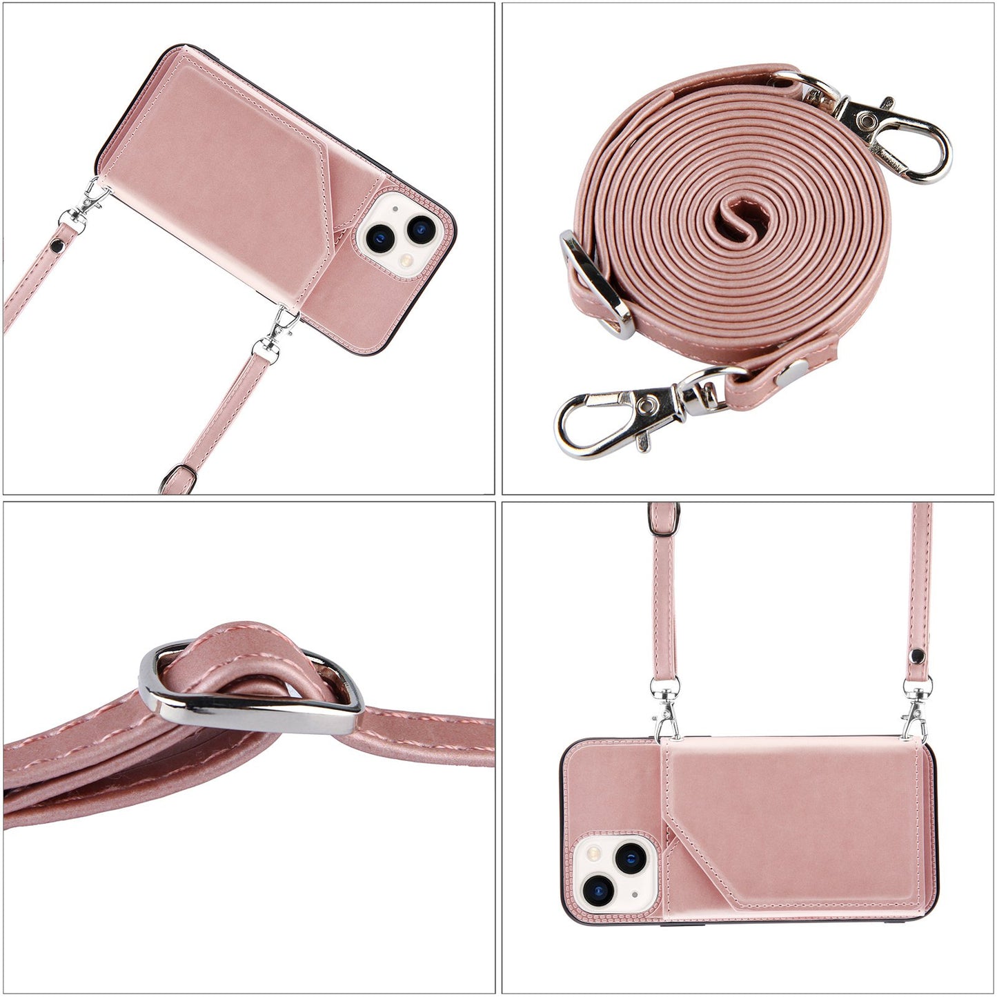 YB-1 Series for iPhone 15 Card Holder Back Case Leather+TPU Kickstand Cover with Shoulder Strap - Rose Gold