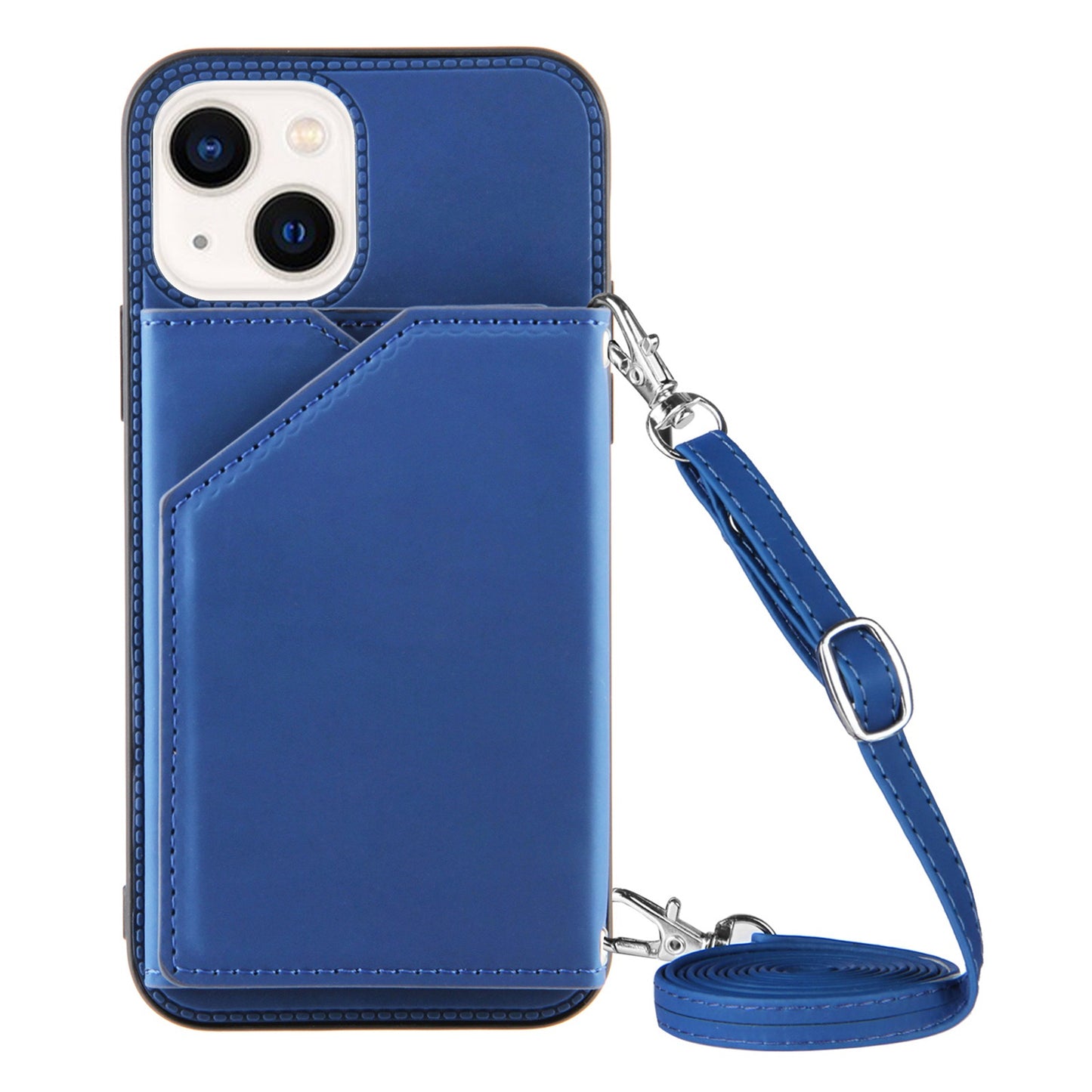 YB-1 Series for iPhone 15 Card Holder Back Case Leather+TPU Kickstand Cover with Shoulder Strap - Sapphire