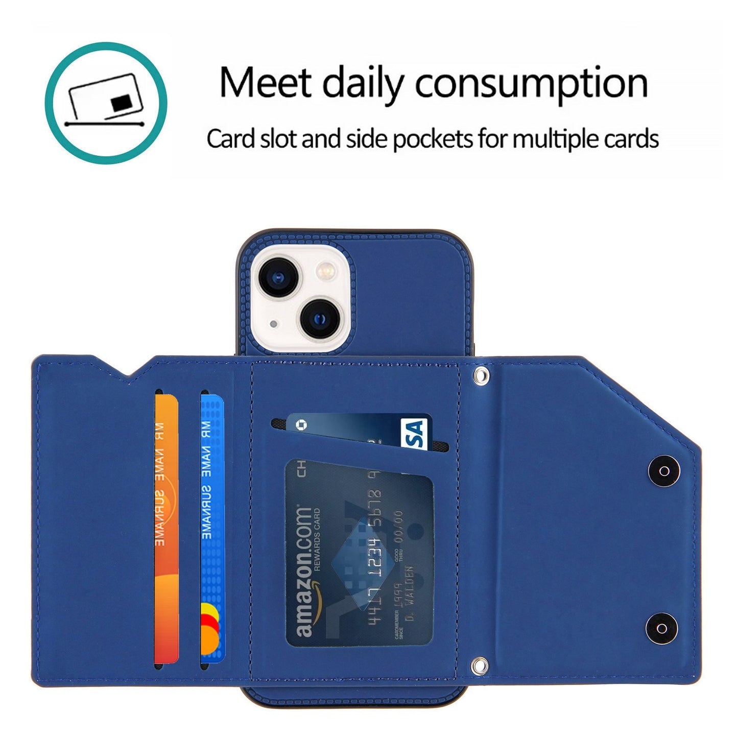 YB-1 Series for iPhone 15 Card Holder Back Case Leather+TPU Kickstand Cover with Shoulder Strap - Sapphire