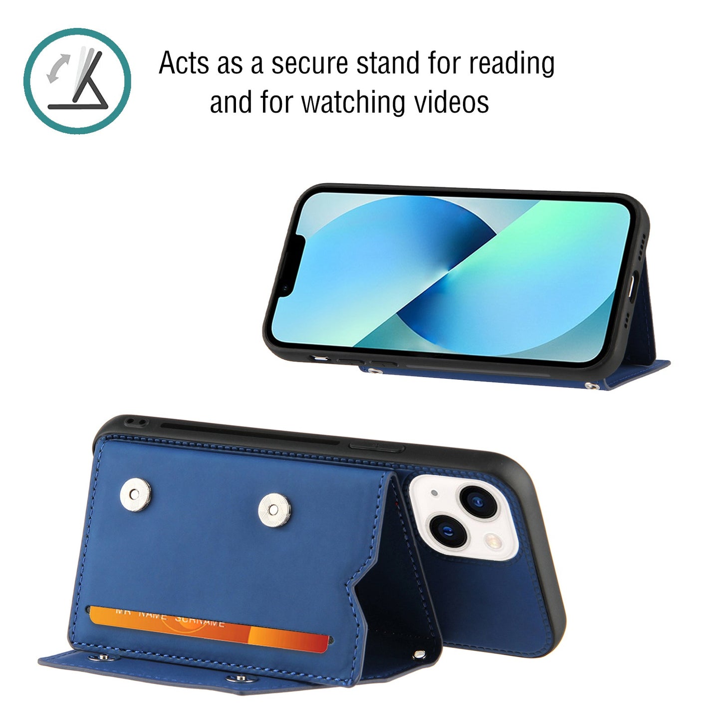 YB-1 Series for iPhone 15 Card Holder Back Case Leather+TPU Kickstand Cover with Shoulder Strap - Sapphire