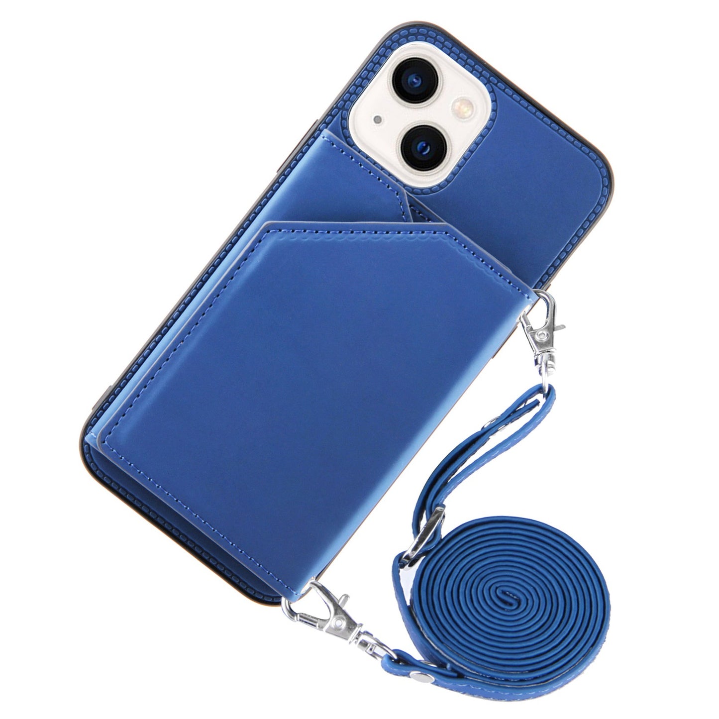 YB-1 Series for iPhone 15 Card Holder Back Case Leather+TPU Kickstand Cover with Shoulder Strap - Sapphire