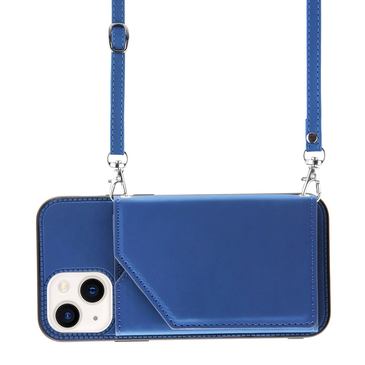 YB-1 Series for iPhone 15 Card Holder Back Case Leather+TPU Kickstand Cover with Shoulder Strap - Sapphire